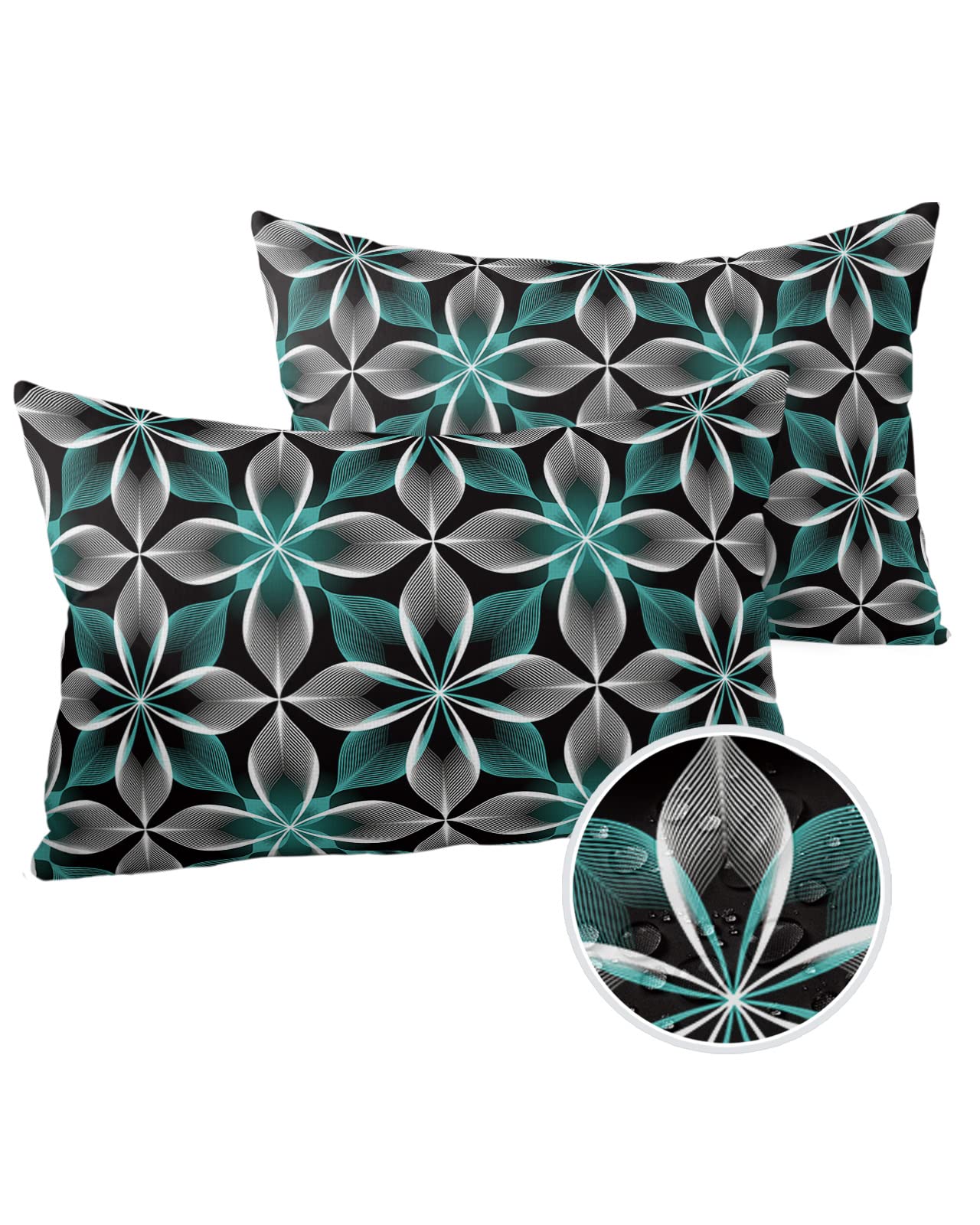 LBDecor Outdoor Throw Pillow Covers 20x12 Waterproof Abstract Floral Modern X-ray Flower Teal Outdoor Pillows Decorative Pillow Covers Cushion Covers Pillowcase for Tent Patio Garden Couch Set of 2,