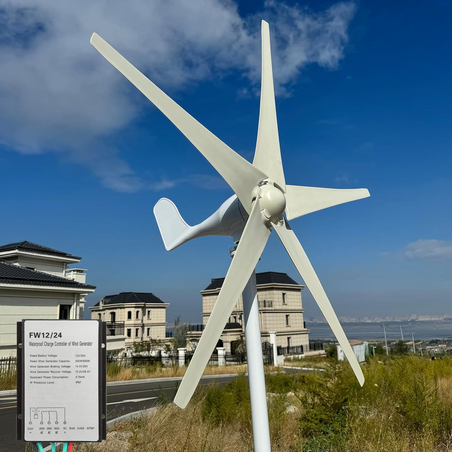 500W Horizontal Windkraftanlage 12V 24V Windturbinen 3-Phasen Generator 5-Blätter Windgenerator Komplettanlage für Stromergänzung,mit MPPT Laderegler (12, Volt)