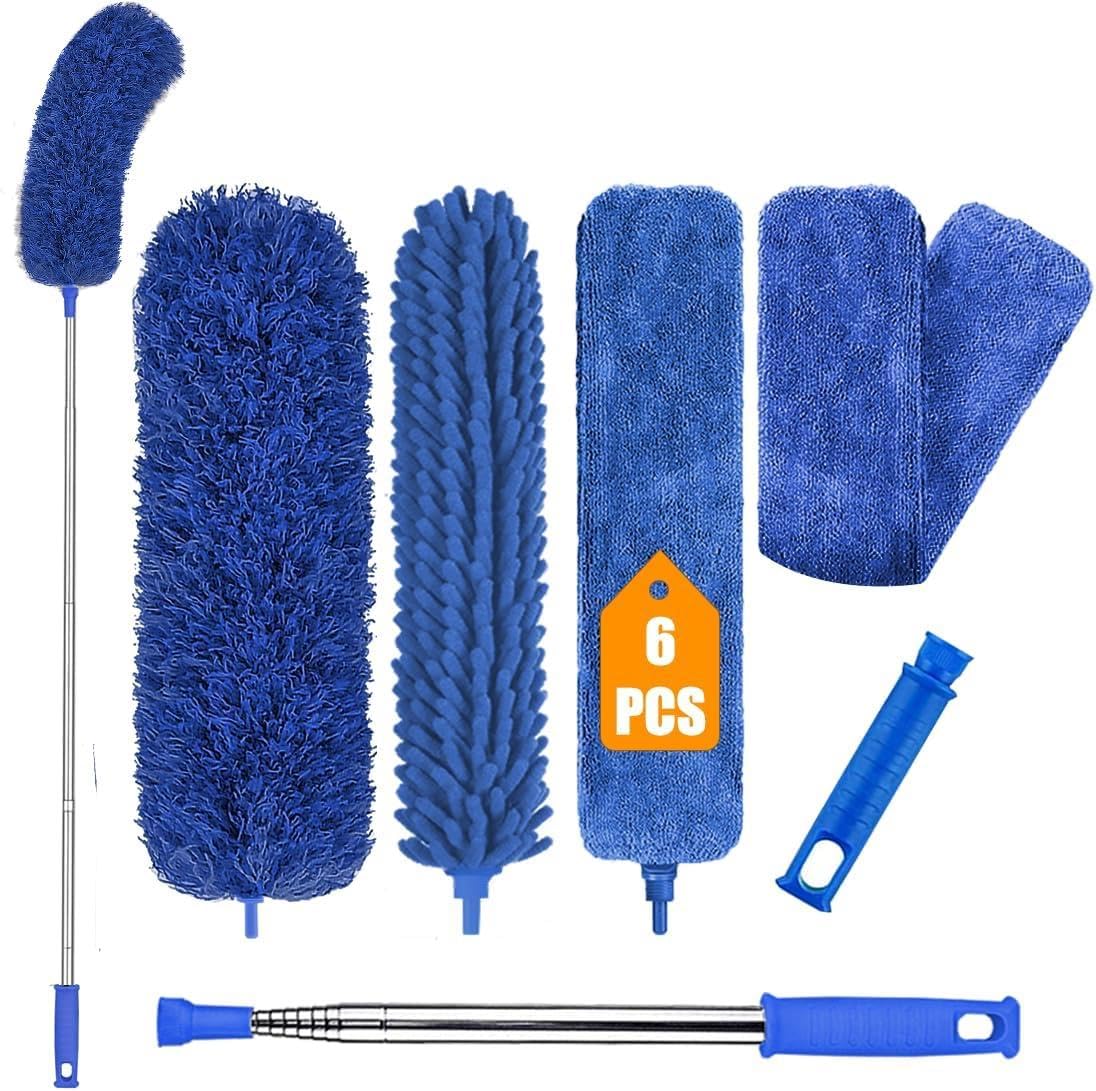 Mantraraj Blue Extendable Feather 6Pcs Duster Cleaning Kit - Microfiber With Telescoping Extension Pole 100 Inch, Reusable Bendable Dusters, Washable For Cleaning High Ceilings Fans Cobwebs, Furniture