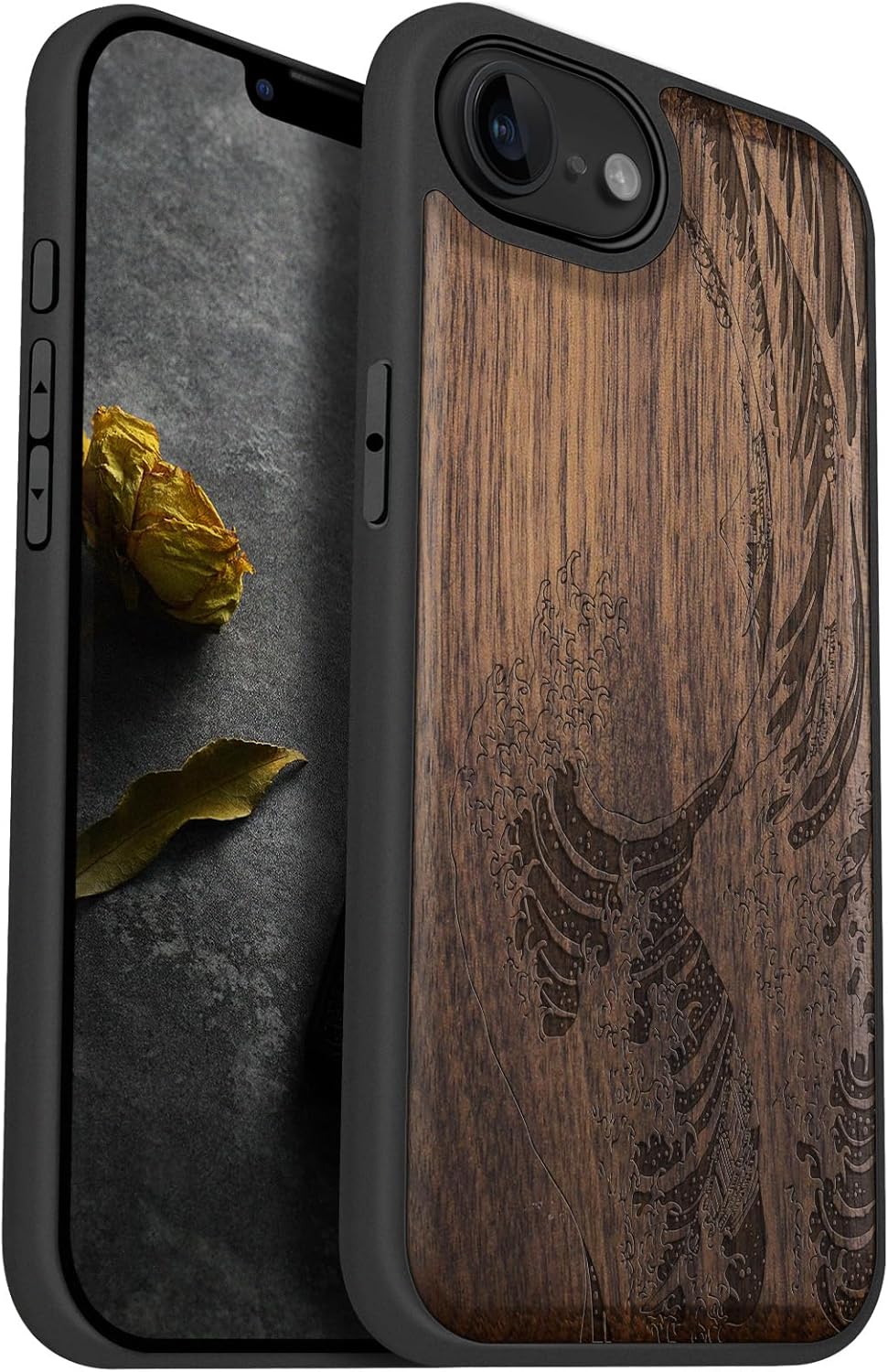 Carveit Magnetic Wooden Case for iPhone 16e / 17e, Solid Wood & Black TPU, Artisan Engraved Design, Shockproof Cover, Compatible with MagSafe Wireless Chargers, Mountains and Deer - Walnut