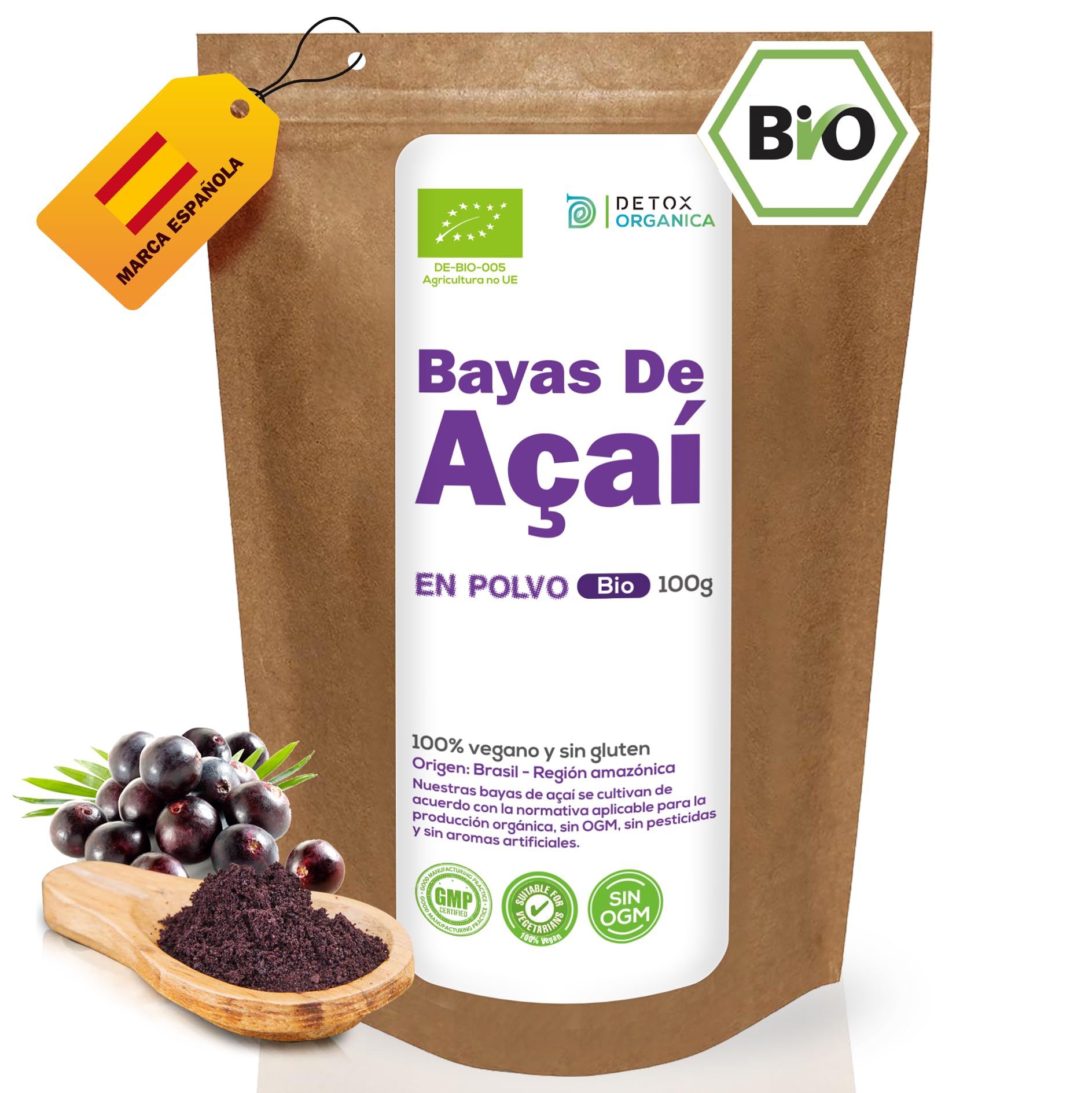 Detox Organica Bayas De Acai Polvo Orgánico - 100g Açaí en Polvo BIO -Bayas De Acai Organico Freeze-Dried – Extracto Crudo de la Pulpa – Cultivado en Brasil, Liofilizado