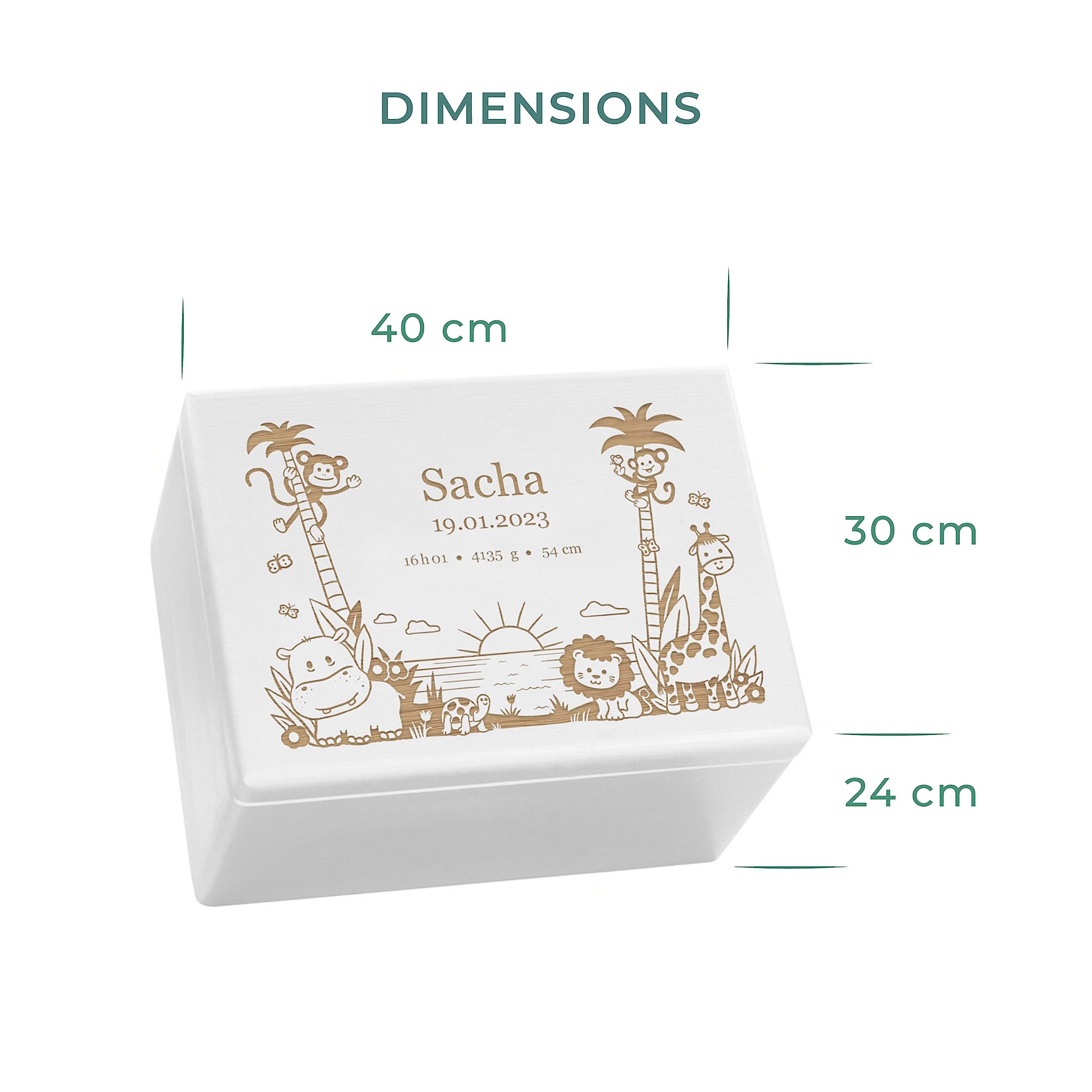 LAUBLUST Boîte à souvenir bébé - Jungle - Cadeau naissance personnalisable | Taille XL, env. 40x30x24cm, Blanc - Boîte décorative en bois avec couvercle, FSC®
