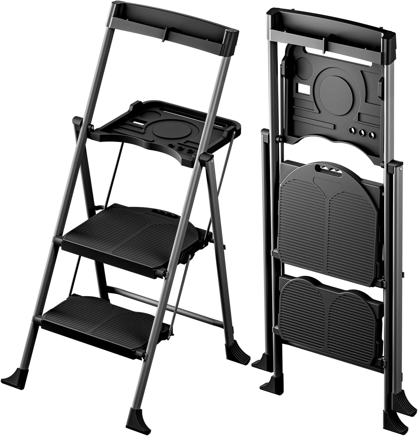 2 Step Ladder with Tool Tray, Grey Folding Step Stools with Extra-Wide Non-Slip Pedal, 330lbs Heavy Duty Two Step Ladder for Adults Foldable Step ladders for Home Kitchen Closet Black