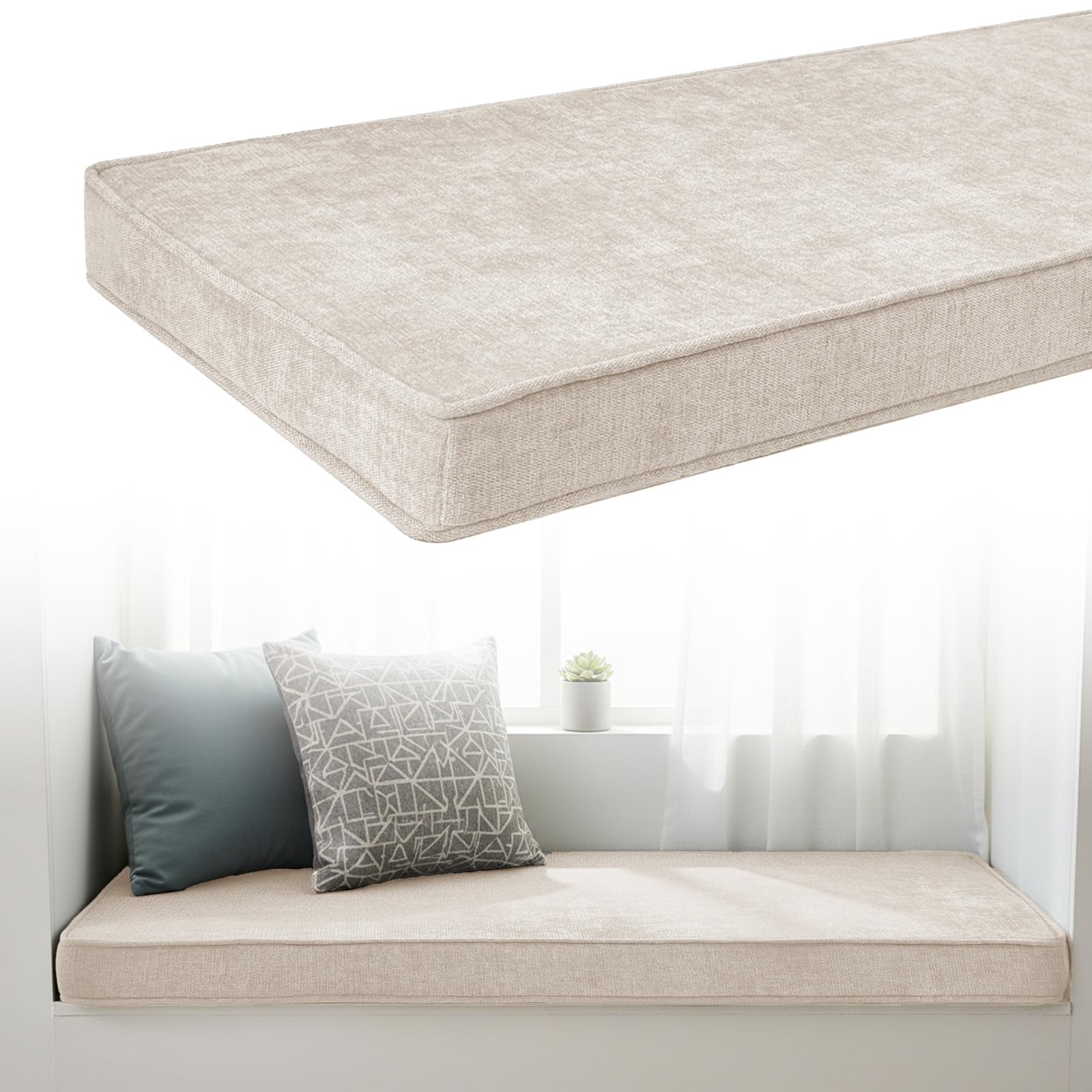 Chenille Bench Cushion 5cm Thick, Anti-Slip Bay Window Seat Pad 190x45x5cm