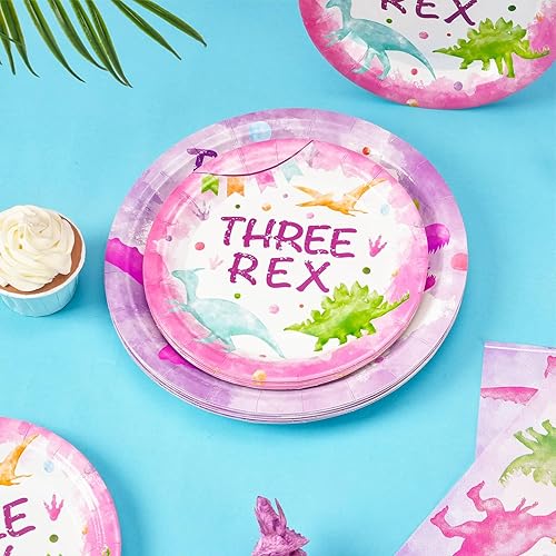 Miniatura 5 de Juego de vajilla de fiesta de dinosaurios en acuarela, dinosaurio rosa, suministros para fiesta de tercer cumpleaños, paquetes para niñas,