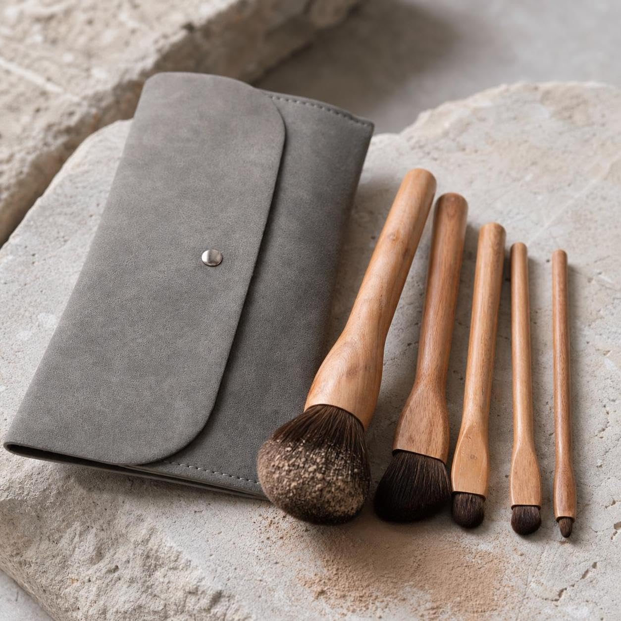 Kit Pennelli da Trucco Professionali con Manico in Legno e Fibra Sintetica per e Trucco, per bellezza - per uso quotidiano, Set di 5 pennelli quotidiani con borsa a busta grigia