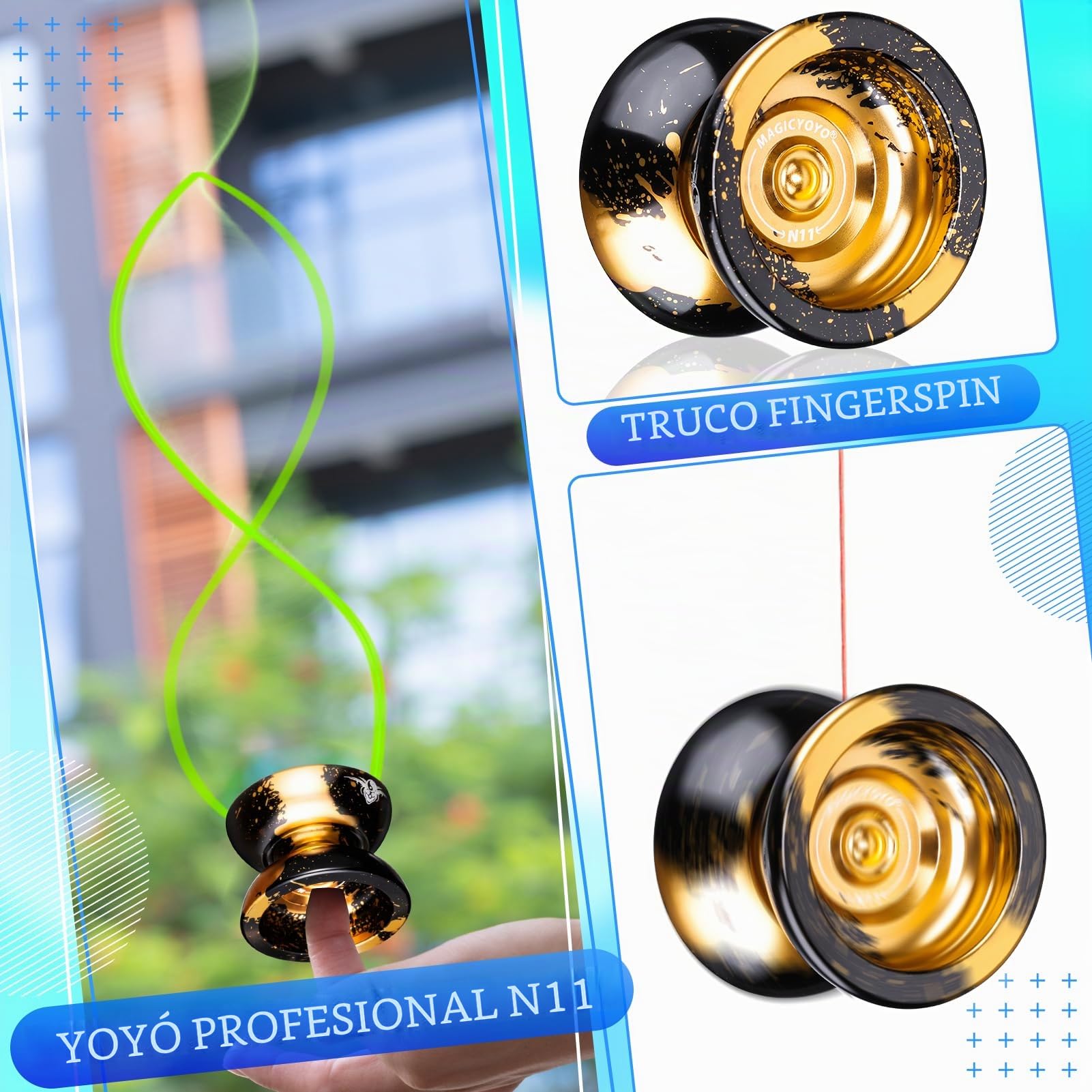 Magicyoyo JoJo N11 Plus profesional reactivo para niños – Yo de metal de doble uso con modo no reactivo + juego de rodamientos + 12 cuerdas + bolsa (negro dorado)