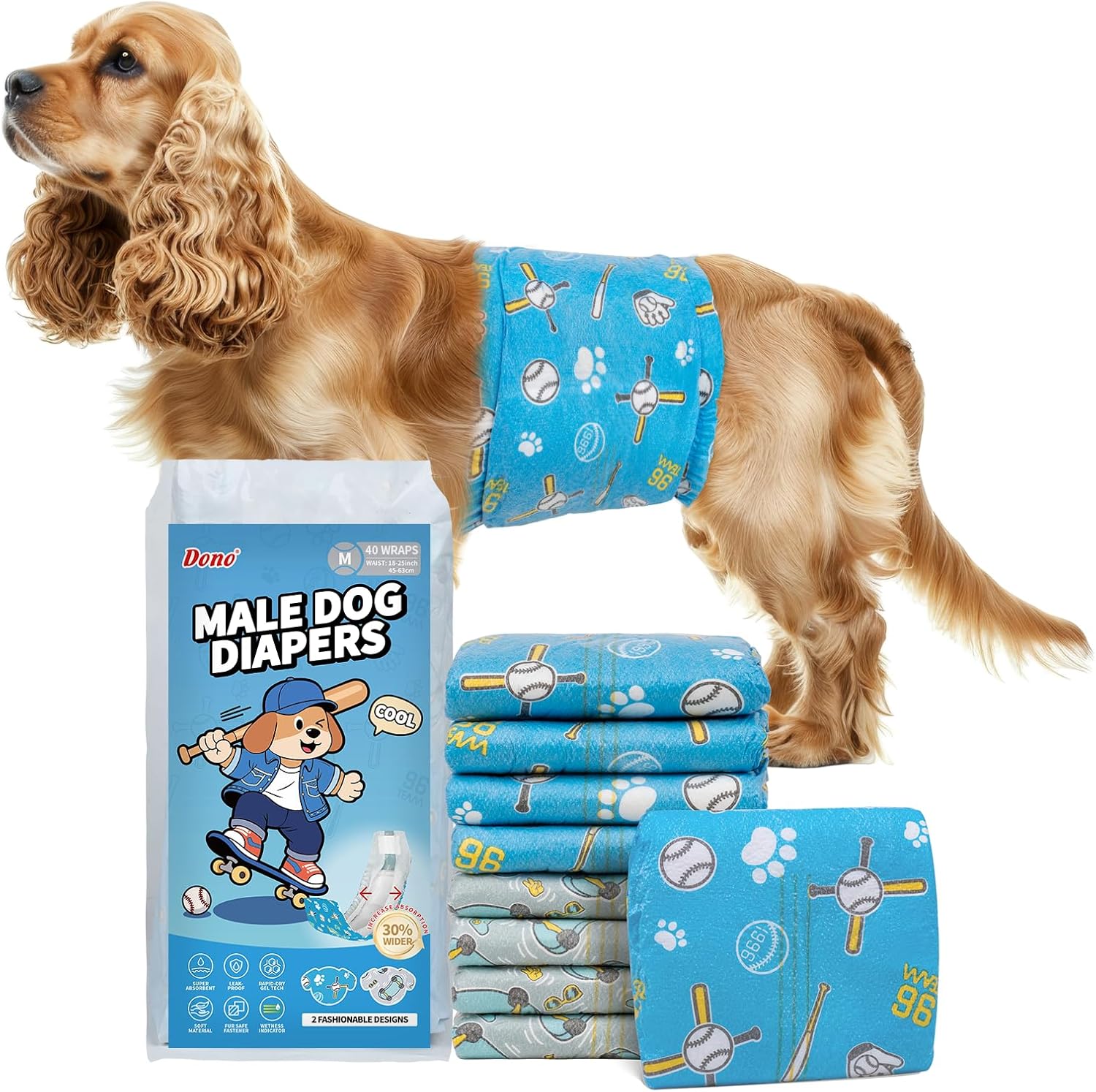 Dono Dog Diapers Male 40ct, Widened Disposable Male Dog Wraps, Super Absorbent Doggie Belly Bands with Wetness Indicator, Leak-Proof Puppy Pampers for Incontinence Excitable Urination, Medium