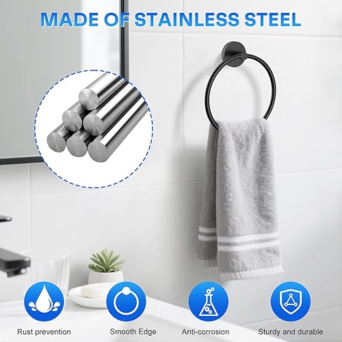 Miniatura 3 de Toallero de mano atornillado negro mate para pared de baño, colgador de toallas redondo de acero inoxidable para accesorios de baño
