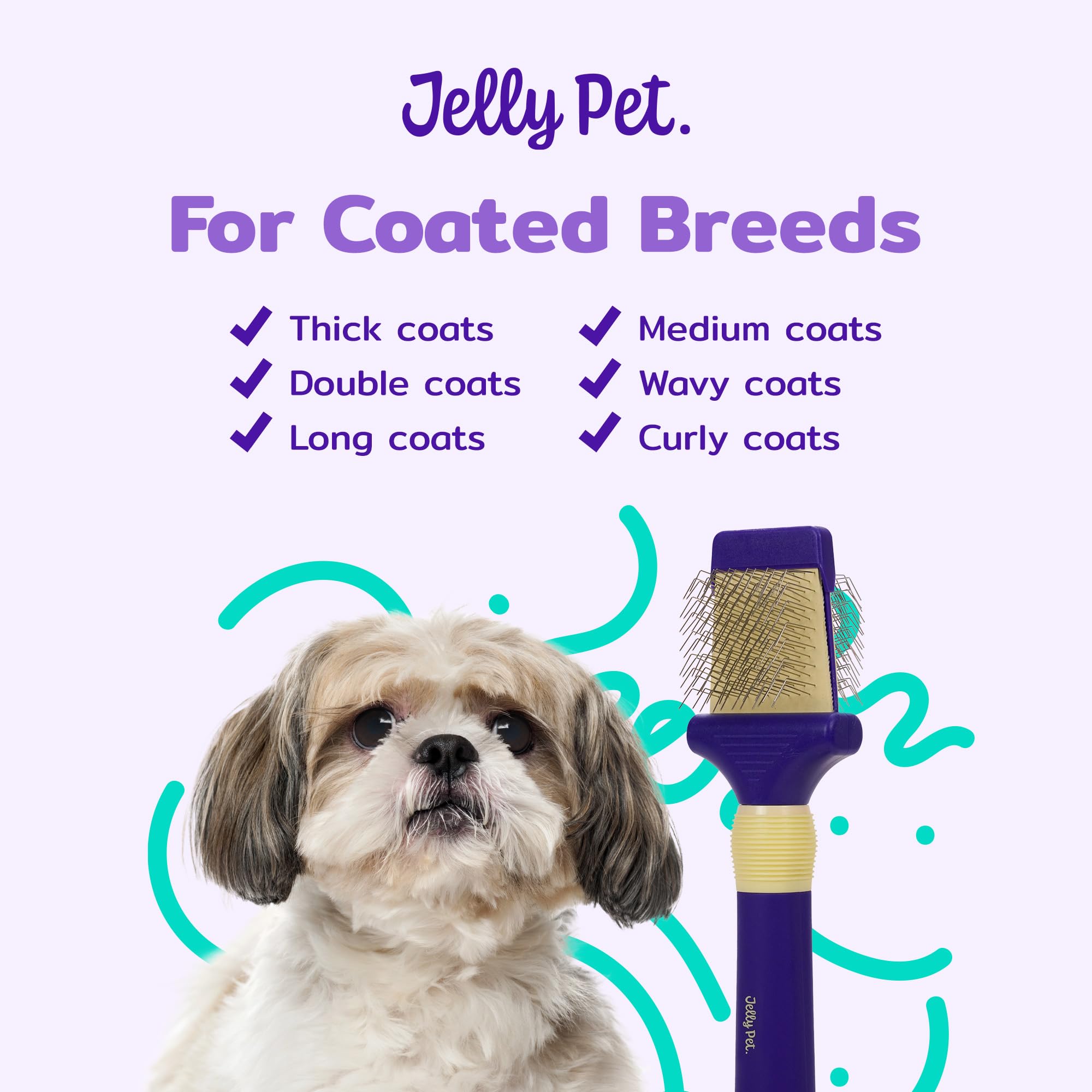 Jelly Pet Cepillo de doble cara para perros, pasadores más largos, cabeza flexible, lados finos/gruesos, elimina enredos no deseados, pequeño, morado