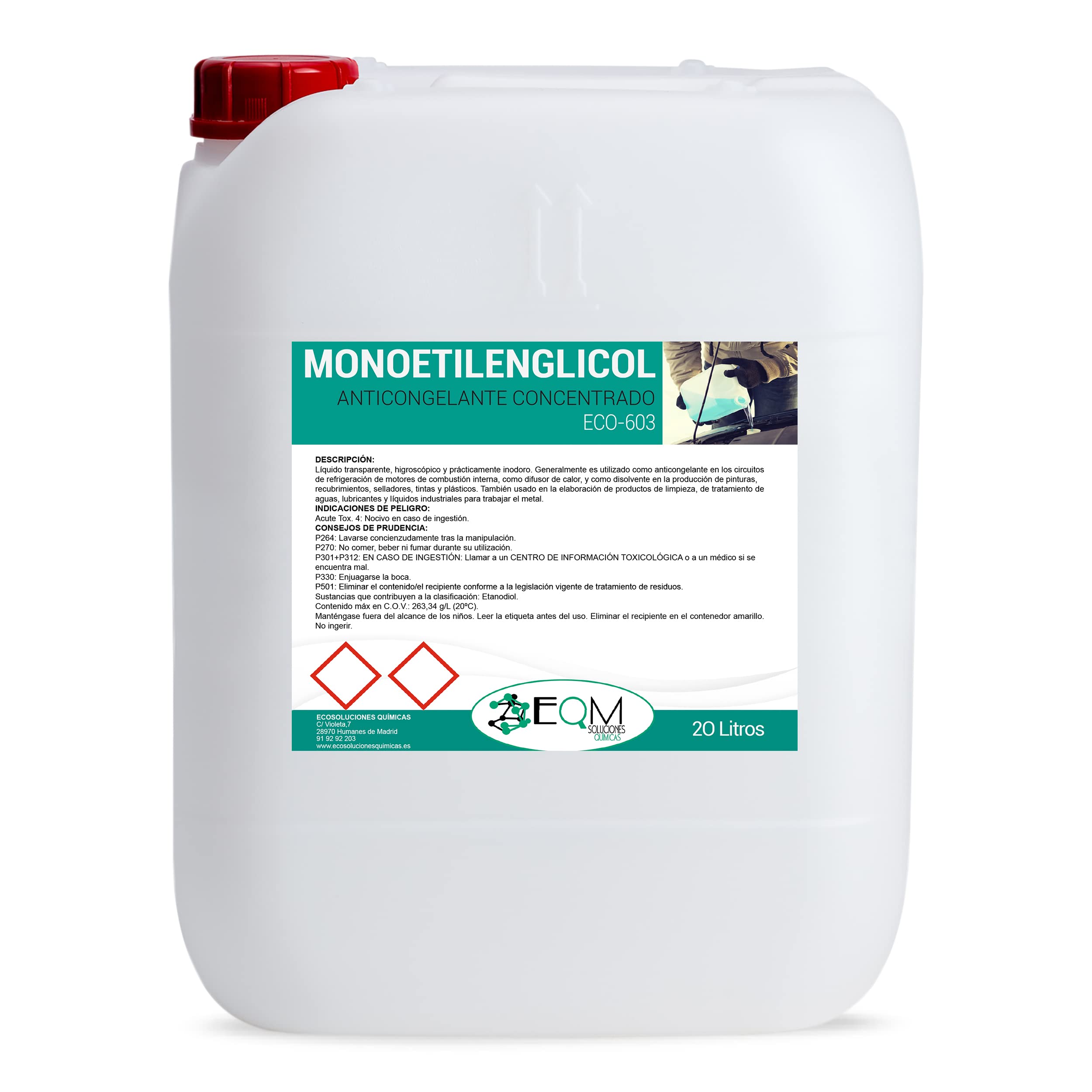 EQM SOLUCIONES QUIMICAS. ECO-603 | 20 litros | Etilenglicol Máxima Pureza. Superior al 99,6%. Anticongelante Puro.