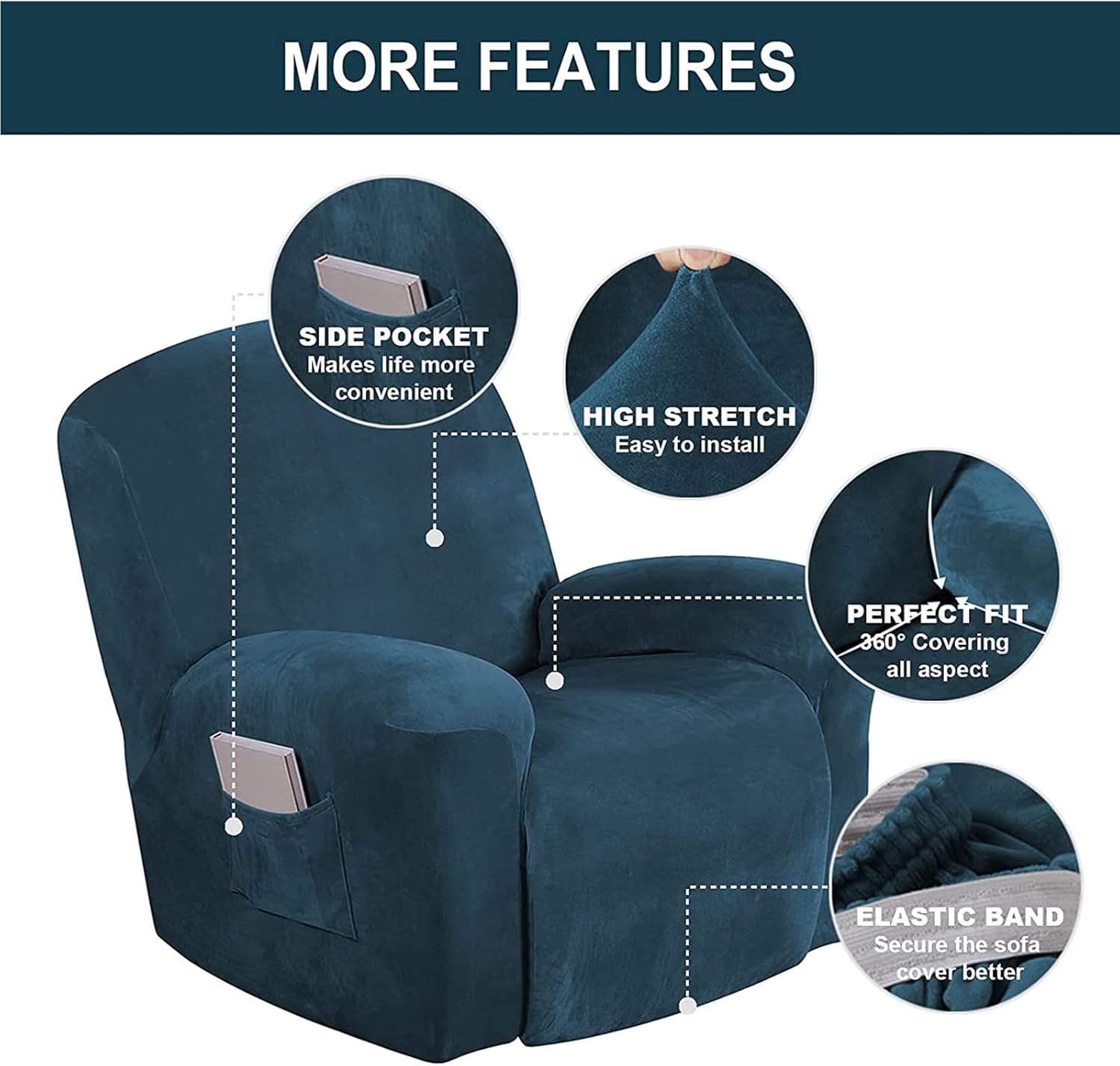 Velvet Recliner Chair Covers, 4-Pieces Stretch Sofa Covers for 1 Seater Reclining Sofa Slipcovers Manual Electric Recliners Couch Covers Pets Kids Children Cats Dogs Furniture Protector (Khaki)