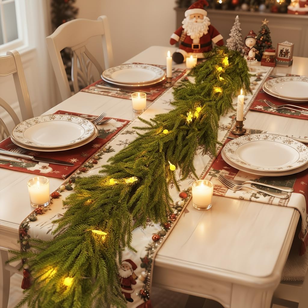 12FT(2 * 6FT) Christmas Garland with LED Lights - Artificial Norfolk Pine, Flexible & Pre-Lit Holiday Décor for Indoor & Outdoor Use, Perfect for Mantel, Staircase, Front Door