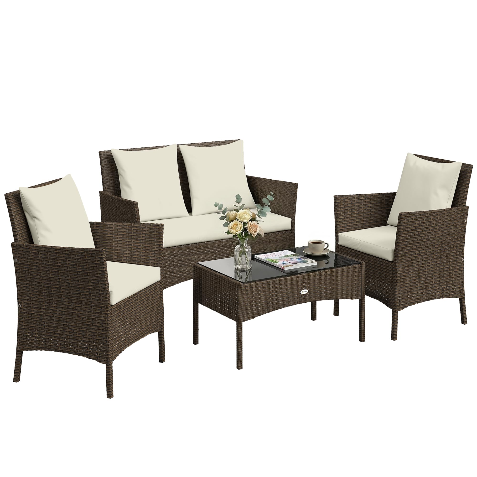Outsunny Conjunto de Jardín Exterior de Ratán Conjunto de Terraza Marrón | Cojines Lavables, Muebles Jardín Exterior, 4 Piezas, Sofá de 2 Plazas, 2 Sillas, Mesa de Centro de Vidrio Templado