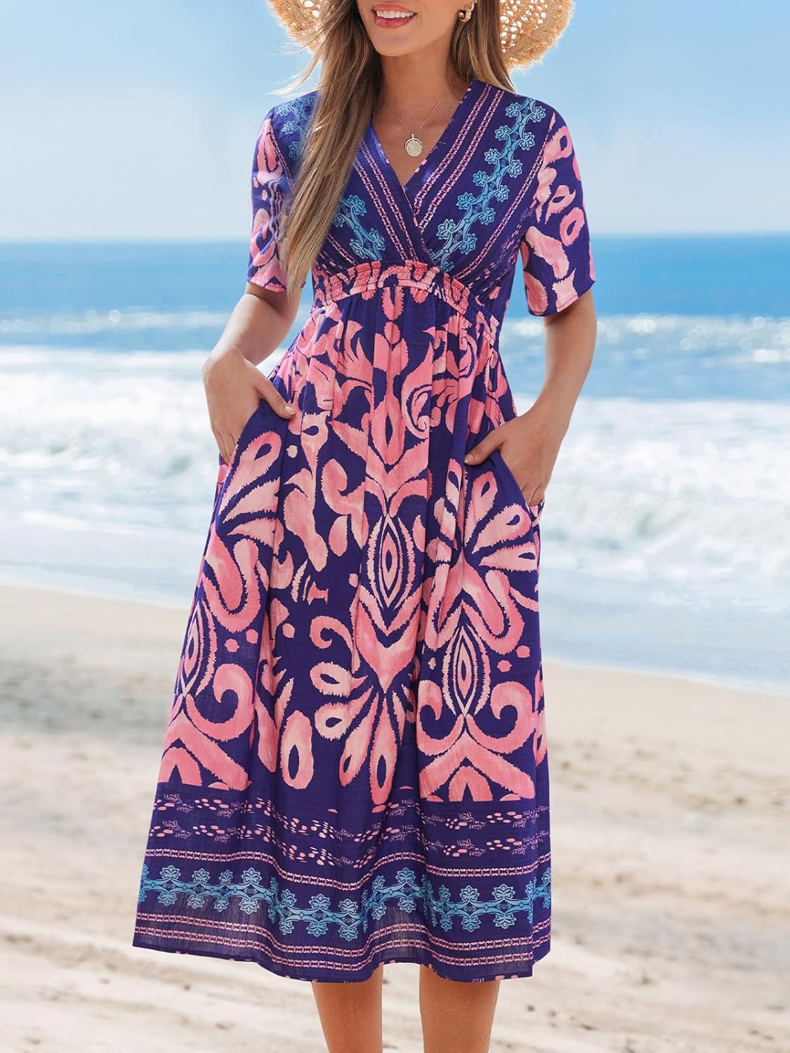 CUPSHE Summer Womens Summer Dresses V Neck Short Sleeve Vacation Casual Smocked Beach Midi Wedding Guest Dress - Image 4