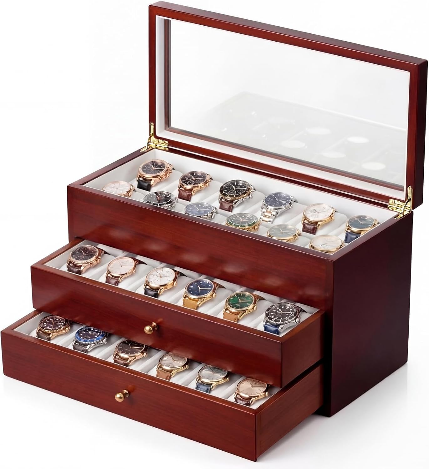 Silipull 36 Slot Watch Storage Box 3-layer Wood Storage Organizer with Acrylic Transparent Window Lid Wood Watch Holder Gift Box for Collector Memorabilia Gift
