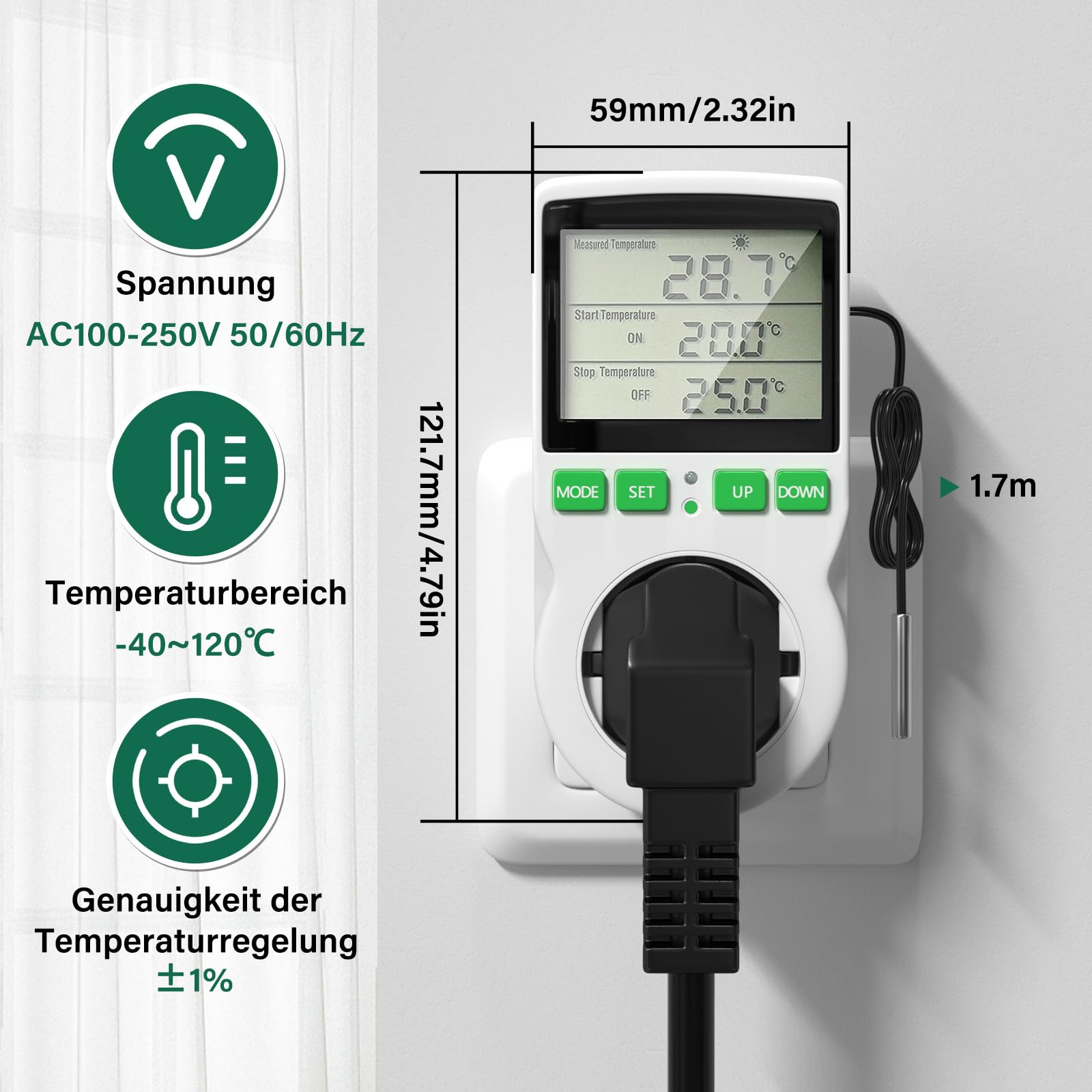 Thermostat Steckdose 230V Digitaler Temperaturregler Steckdose 16A, LCD Bildschirm Heizen und Kühlen Reptil Thermostat Timer Stecker Sockel EU für Gewächshaus,Aquarium,Terrarium,Reptilien