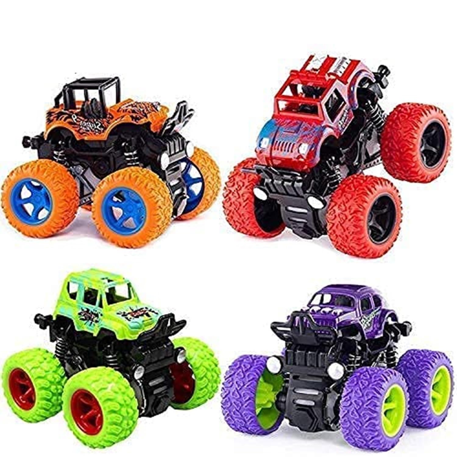 4WD Mini Monster Truck Cars, Push and Go Toy Trucks Friction Powered 360 Degree Stunt 4 Wheels Car for Toddlers Kids Birthday Gift Multicolor (Pack of 4)