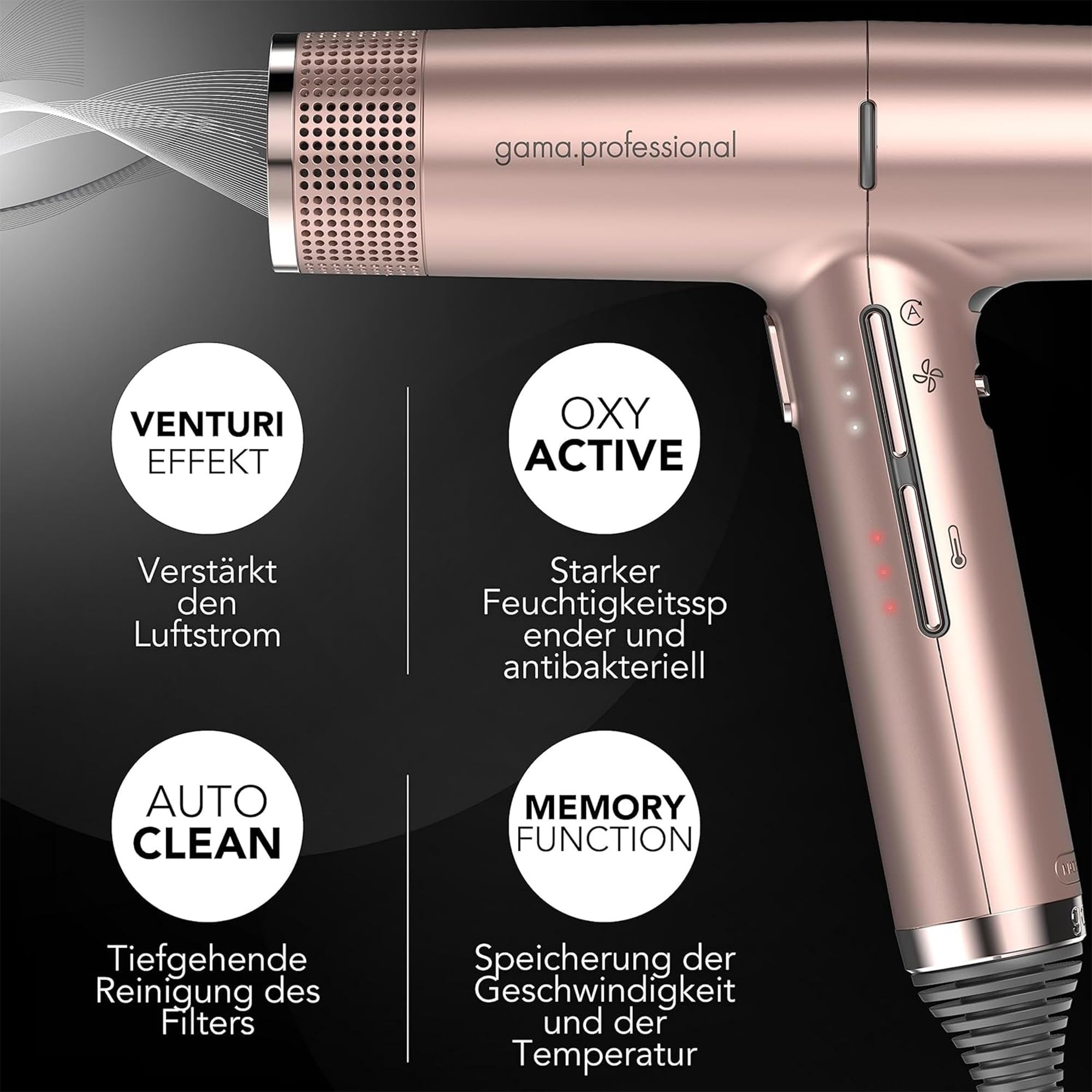 GA.MA Italy Professional, iQ Perfect Haartrockner, Ultraleichter Haartrockner mit intelligentem bürstenlosem Motor, Oxy-Active-Technologie für glänzendes, kräuselfreies Haar, 1600 W Leistung, GoldRose