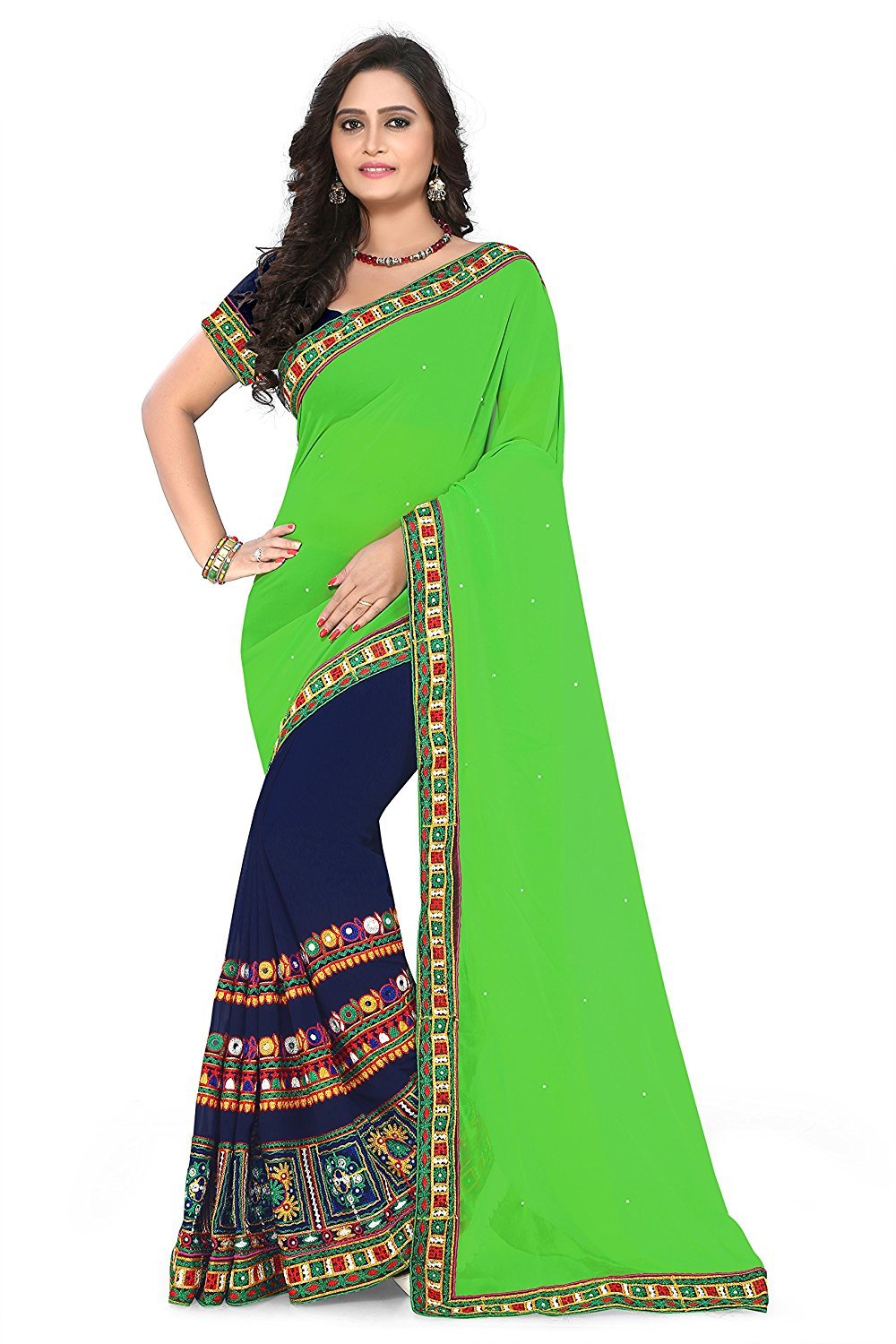 Reeva TrendzWomen's Georgette Kutchi Work With Real Mirror Handwork Saree With Blouse Piece