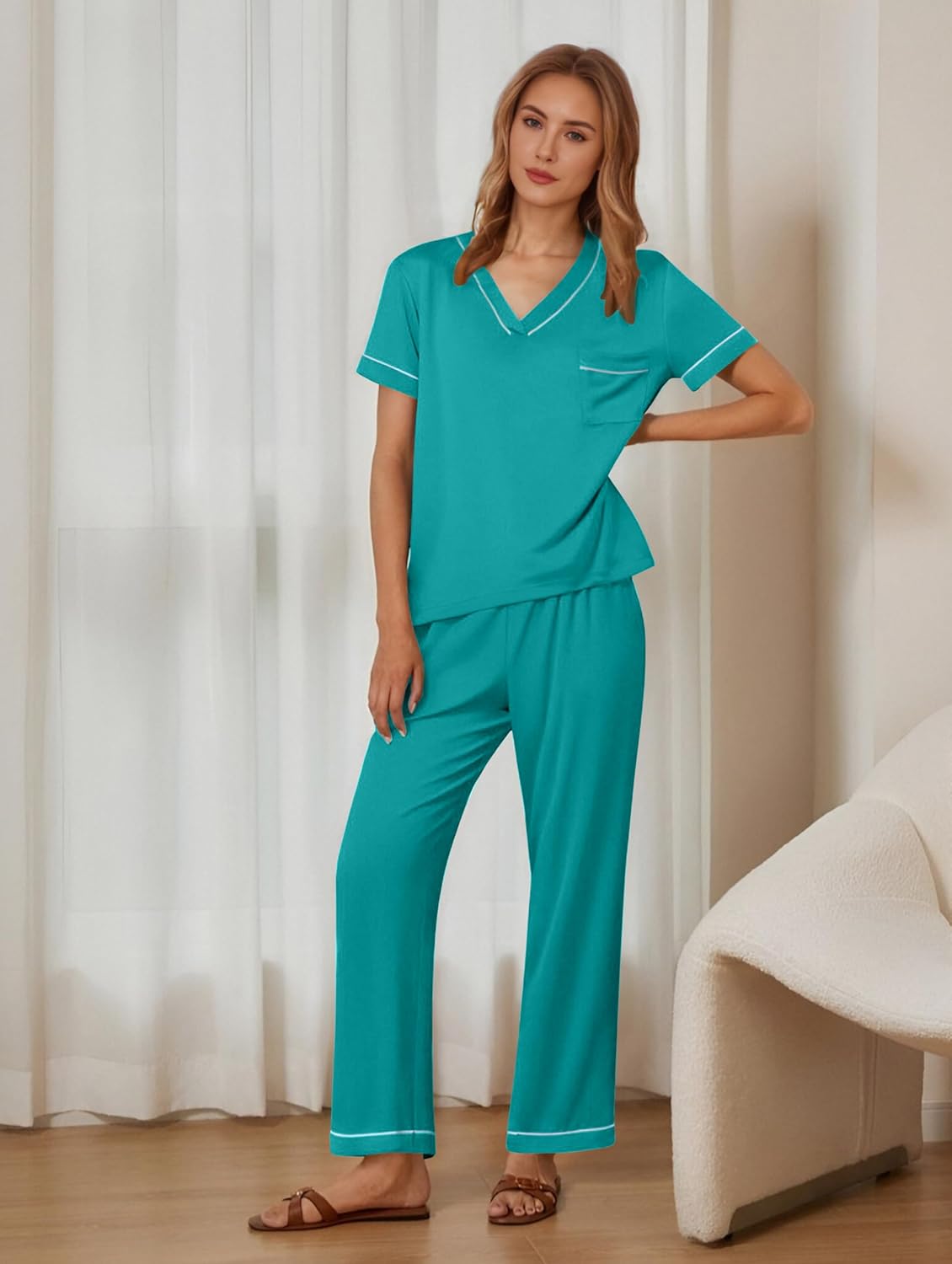 Ekouaer Women's Pajama Sets Short Sleeve V Neck Sleepwear Nightwear Soft Pjs Lounge Sets with Pocket - Image 5