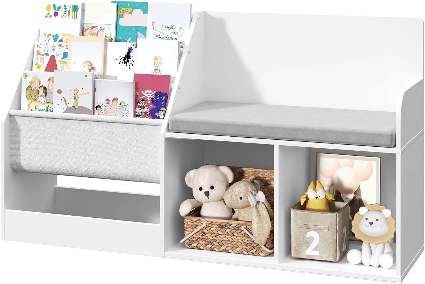 42.1" Kids Bookshelf with Reading Nook, Toy Storage Organizer with Seat Cushion and 2 Storage Cubbies, 3-Tier Bookcase with Bench for Kids Room, Living Room, Nursery, White KBWT2601