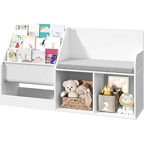 42.1" Kids Bookshelf with Reading Nook, Toy Storage Organizer with Seat Cushion and 2 Storage Cubbies, 3-Tier Bookcase with Bench for Kids Room, Living Room, Nursery, White KBWT2601