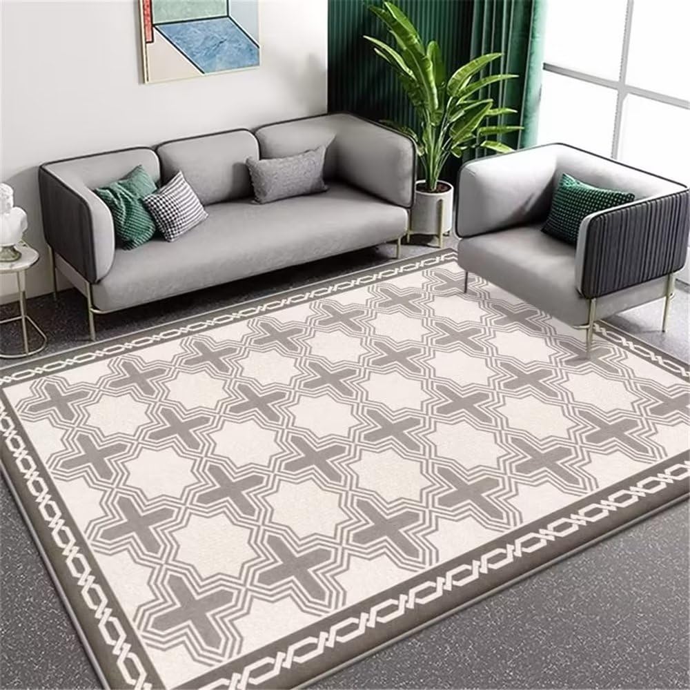 Tapis de salon gris de treillis moderne motif géométrique