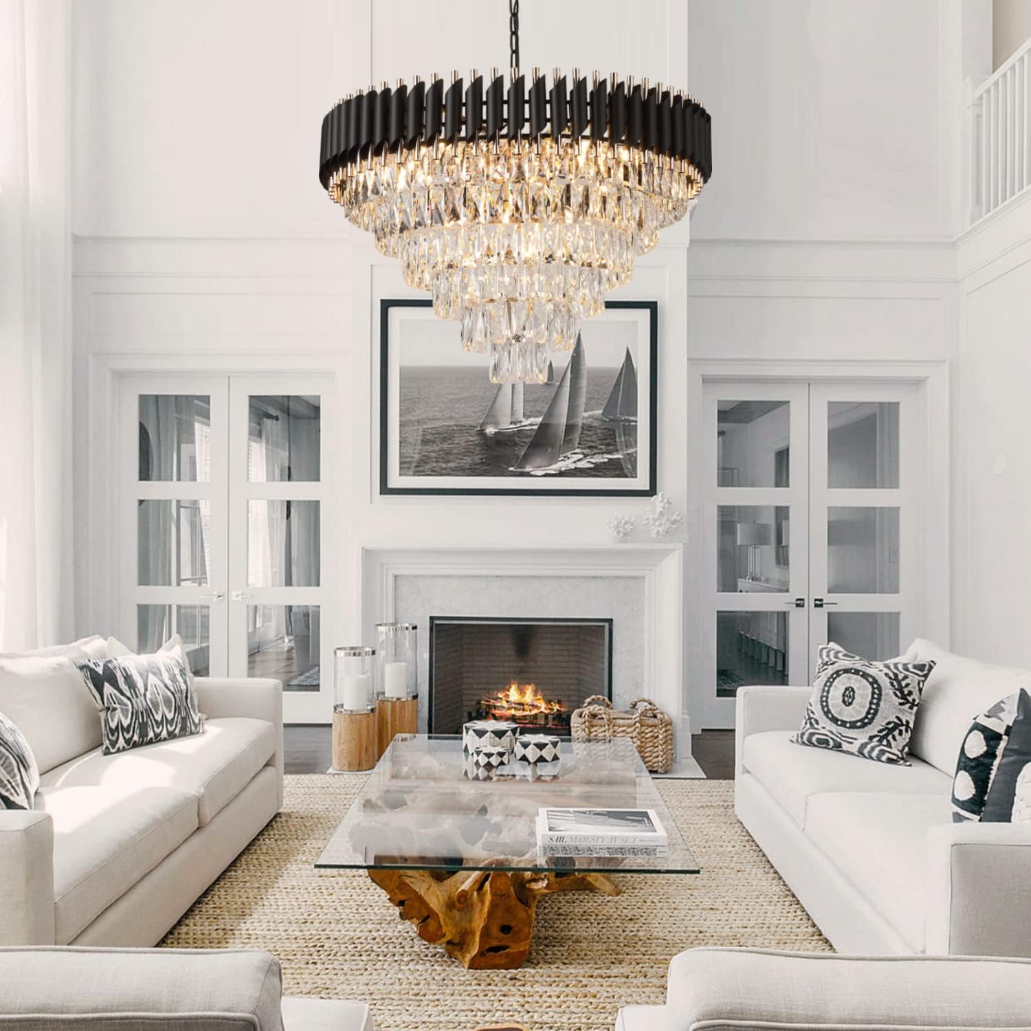 axilixi black and gold crystal chandeliers 30” modern dining room chandelier round 6 tiers k9 crystal large pendant light fixtures for entryway foyer stairwell living room black 30 inches
