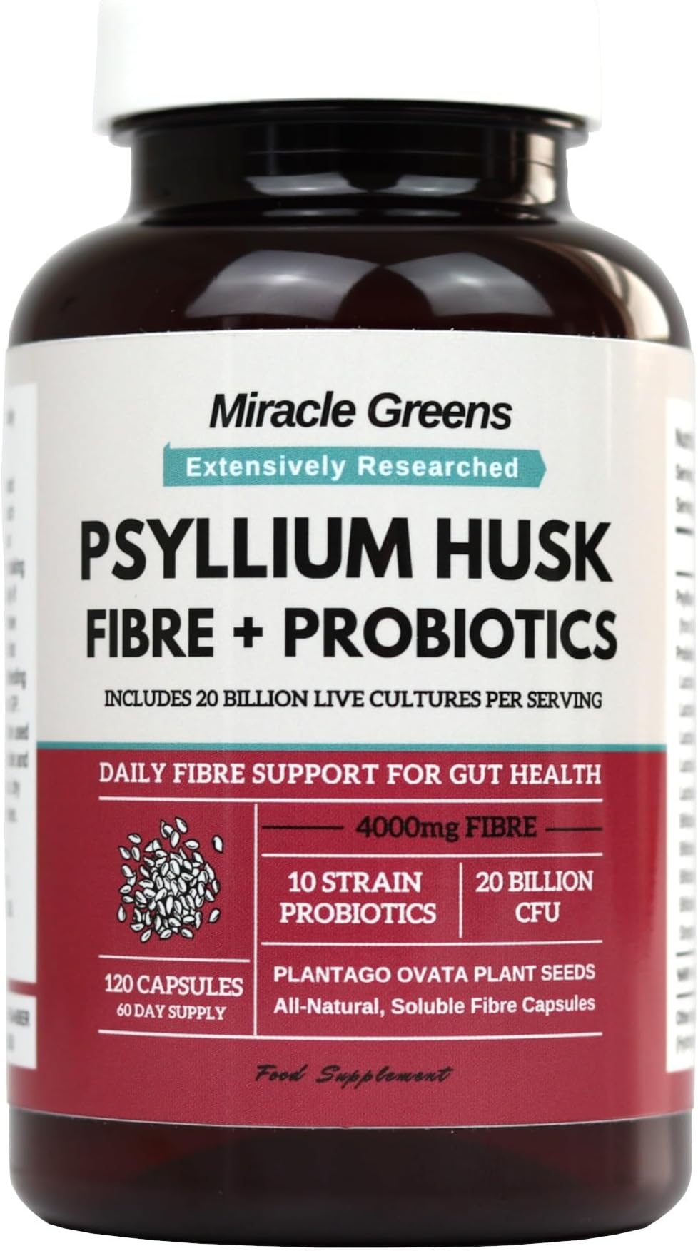 Powerful 4000mg Psyllium Husk Fibre with Probiotics – 20 Billion CFU with 10 Strains – Natural Easy to Absorb Fibre from Plantago Ovata Seeds - 120 Capsules, 2 Month Supply – Fibre Supplement