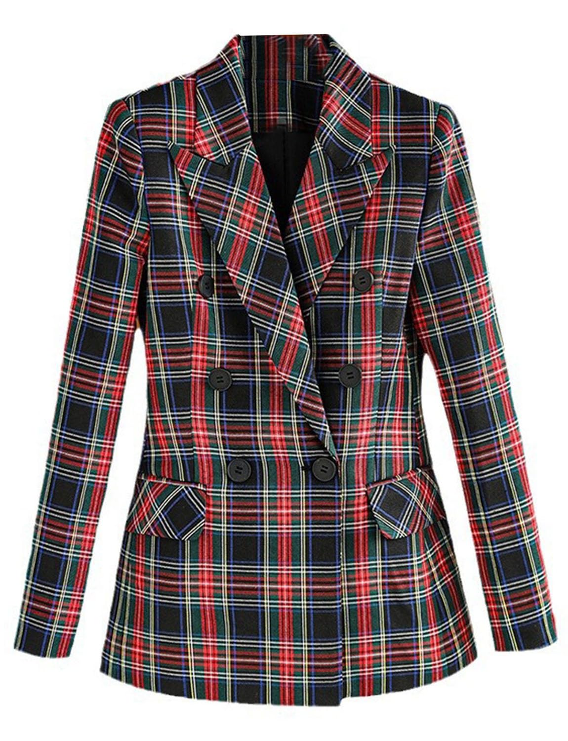 Womens Checked Blazer Christmas Plaid Double Breasted Buttons Peak Lapel Jacket