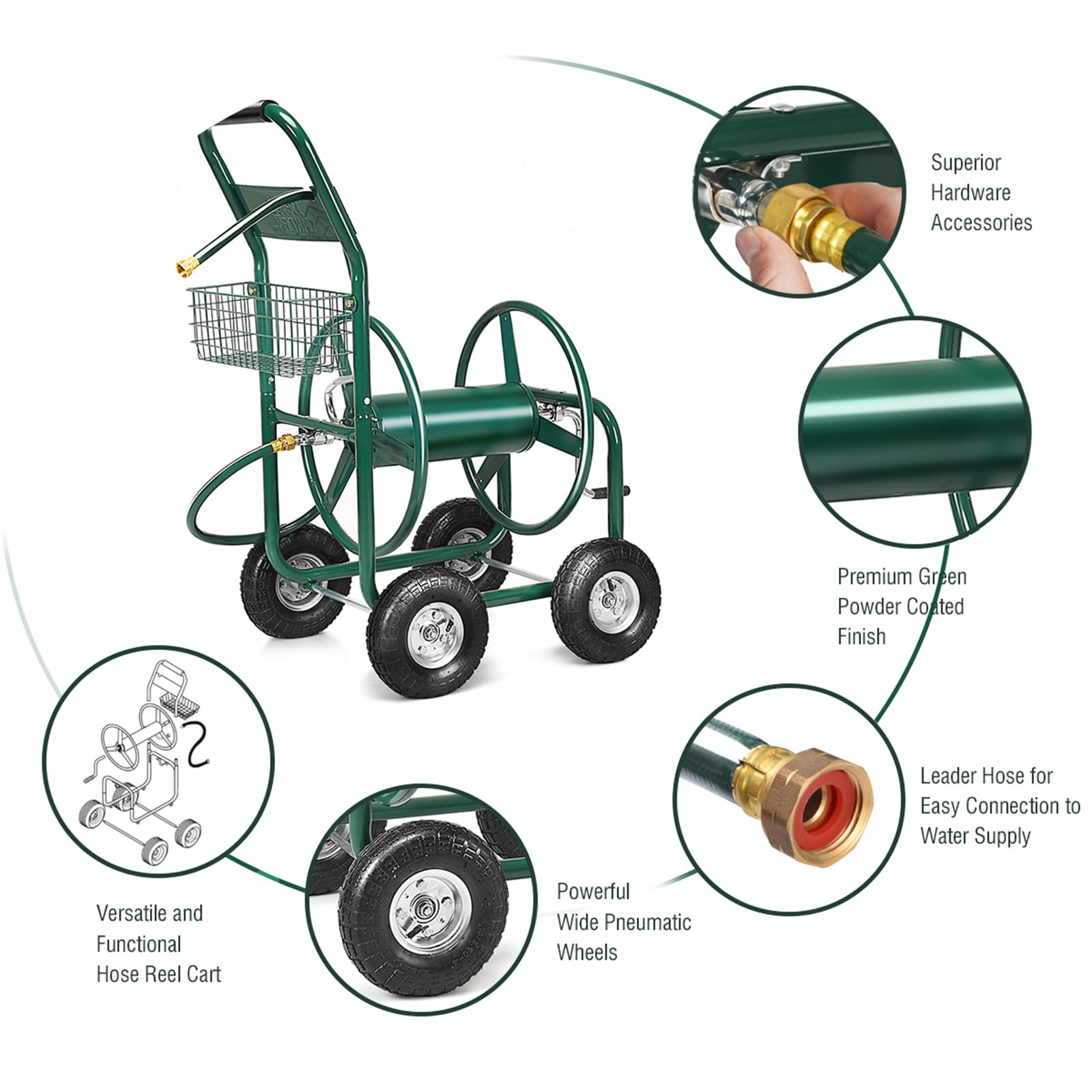FANTASK Carro de Manguera para Manguera de 5/8", Carro de Manguera de jardín con Cesta, Soporte para Manguera de Metal, dispensador de Manguera de hasta 80 m, Carrete de Manguera con Manguera de
