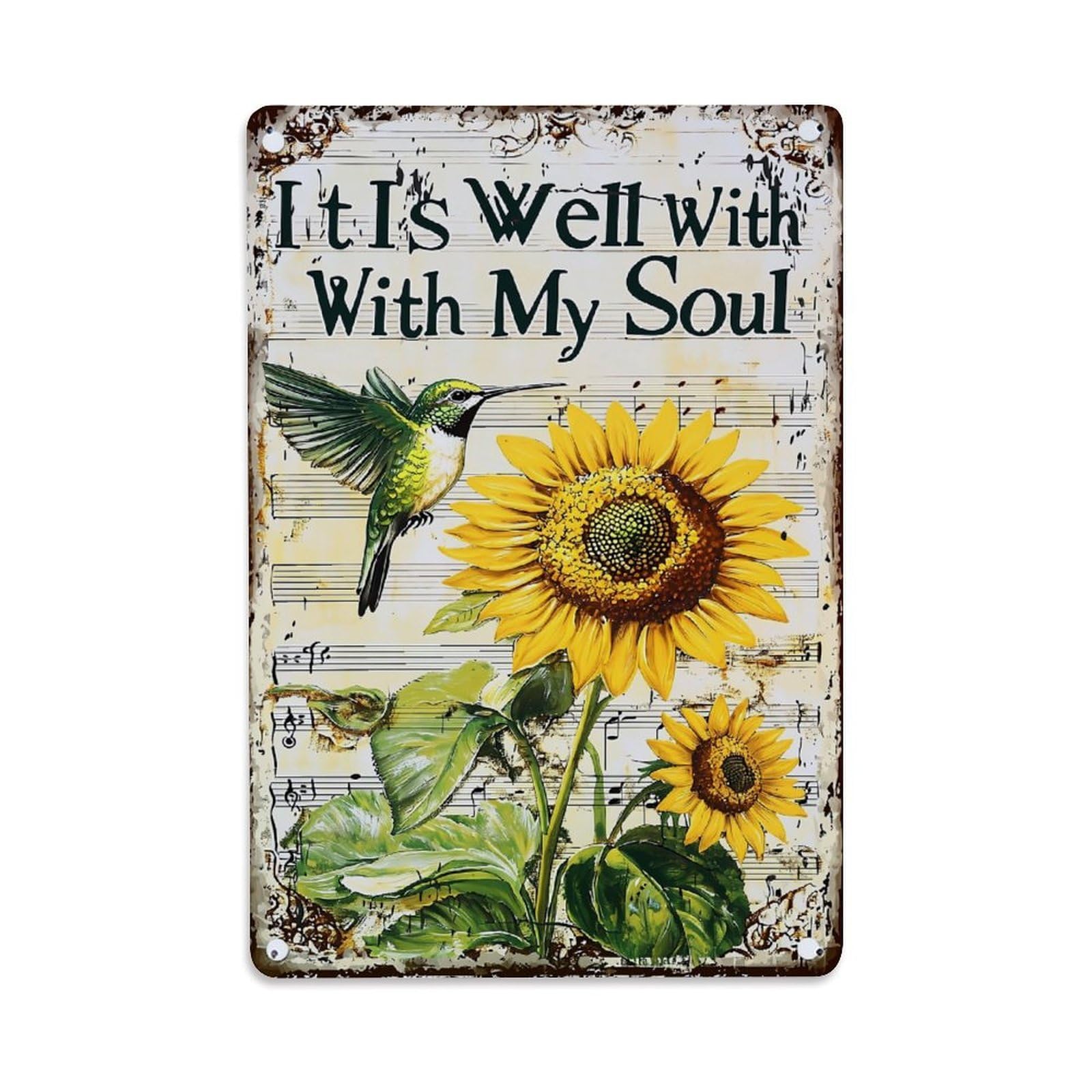 Sunflower Hummingbird Music Notes Art Retro Metal Tin Sign, Vintage Decor Art Poster for Bar, Home, Man Cave, Kitchen, Laundry Room Gift 8x12Inch