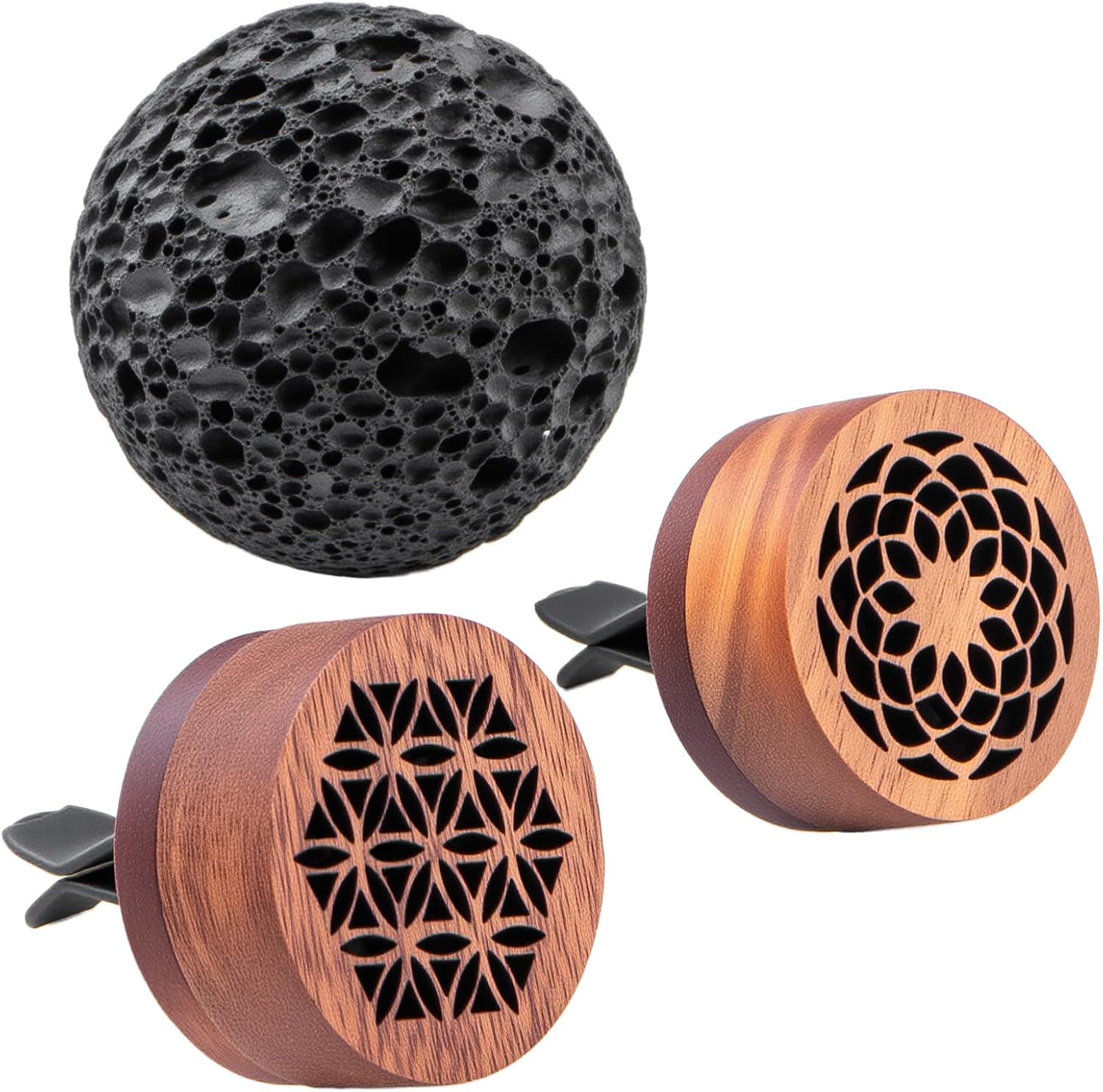 3 Pcs Lava Rock Essential Oil Diffusers -1 Spherical Lava Stone Passive Diffuser and 2 Wooden Car Diffusers for Essential Oils, Passive Diffuser for Sauna Room, Home, Office, Bedroom, Bathroom, Car