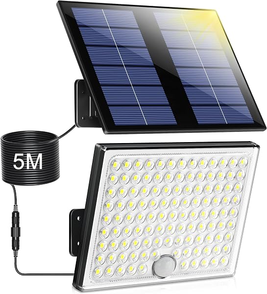 Lampada Solare da Esterno, Faretto Led da Esterno con Sensore di Movimento, Luce Solare Led Esterno con Pannello Solare, 113 LED 2000mAh 4 Modes Lampioni Luci Solari da Giardino con 5M Cavo, 1 Pezzo - 1