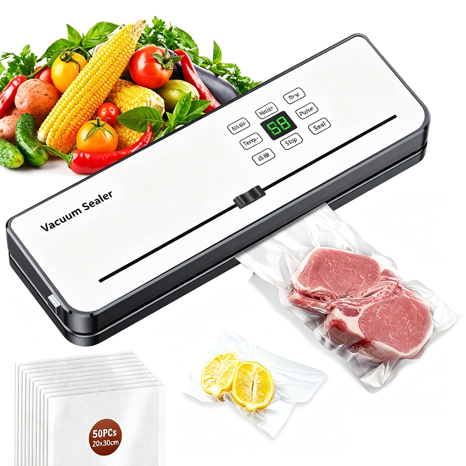 Macchina sottovuoto, macchina sottovuoto 5 in 1 per alimenti, saldatrice per pellicole sottovuoto per la cottura sous vide e la conservazione degli alimenti, 50 sacchetti sottovuoto inclusi (bianca)