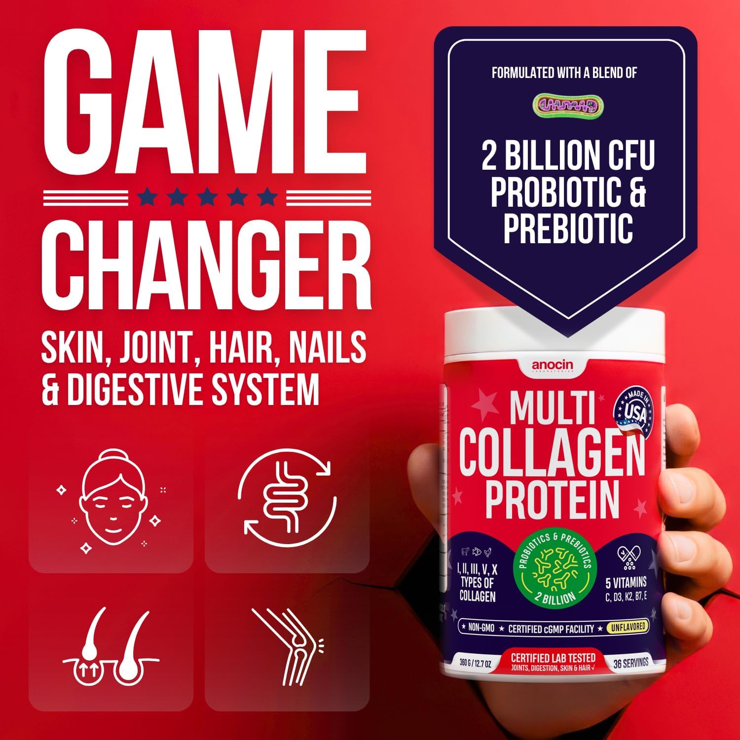 Multi Collagen Peptides w/Prebiotic + Probiotics + Type I, II, III, V, X + Hydrolyzed Collagen Powder w/Vitamin C+D3+B7+K2+E Hyaluronic Acid, Supports Skin Hair Nail Joint, Grass-Fed, Non-GMO - Image 3