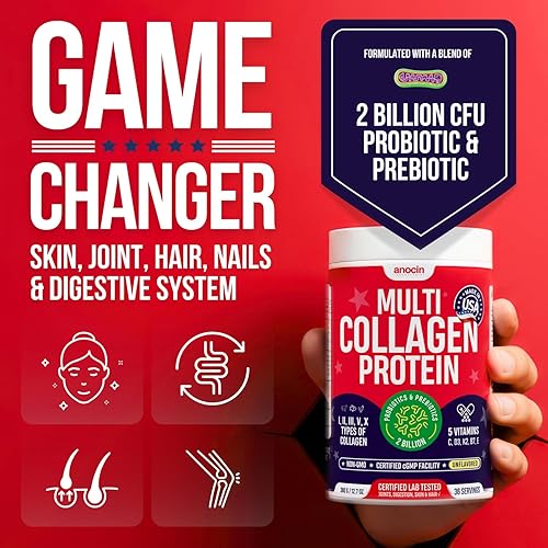 Miniatura 3 de Péptidos de colágeno múltiple con prebióticos + probióticos + tipo I, II, III, V, X + polvo de colágeno hidrolizado con vitamina C+D3+B7+K2+E ácido