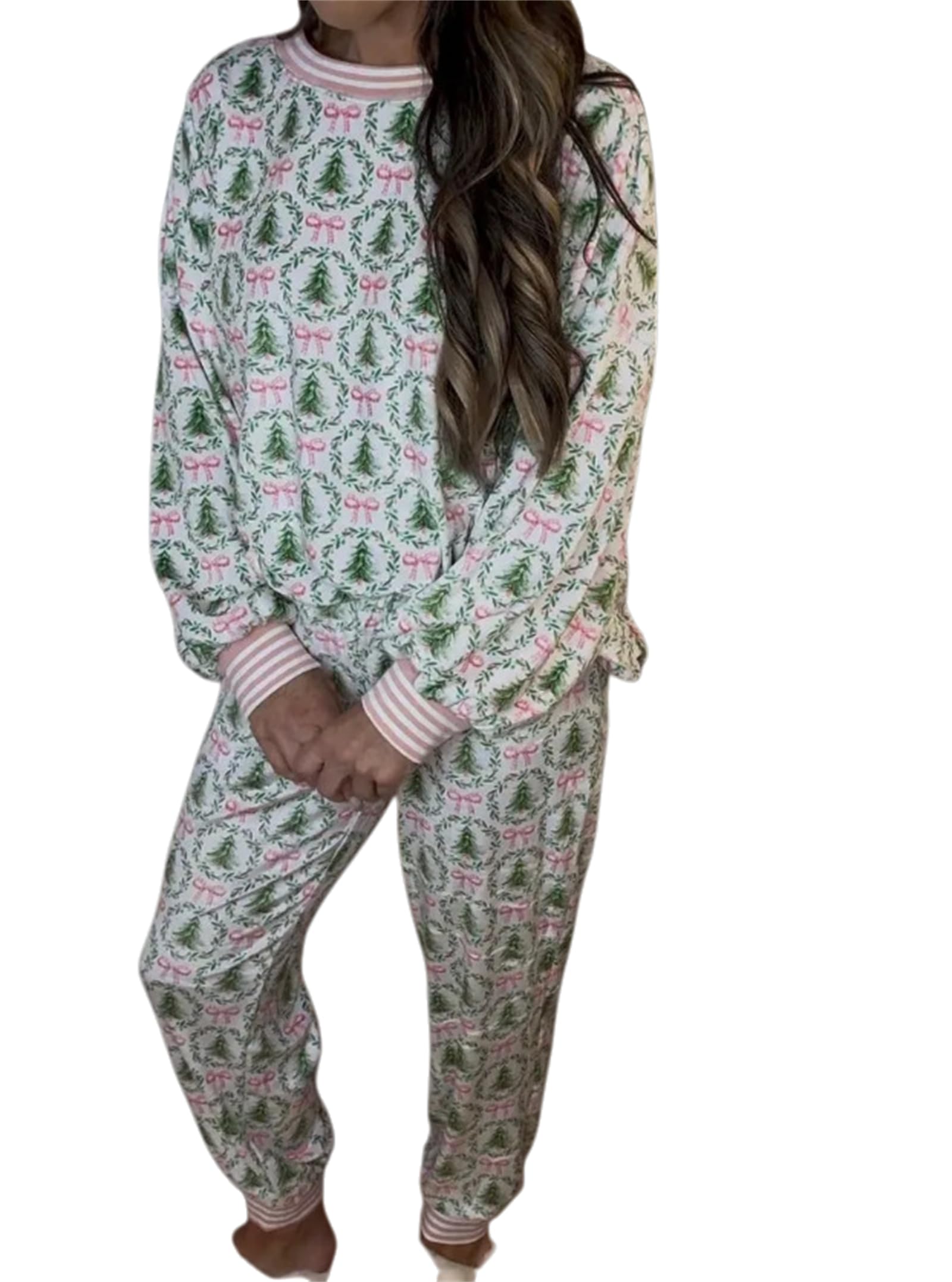 Generisch Pigiama natalizio con motivo natalizio e fiocchi, 2 pezzi, pigiama natalizio da donna, a maniche lunghe e pantaloni