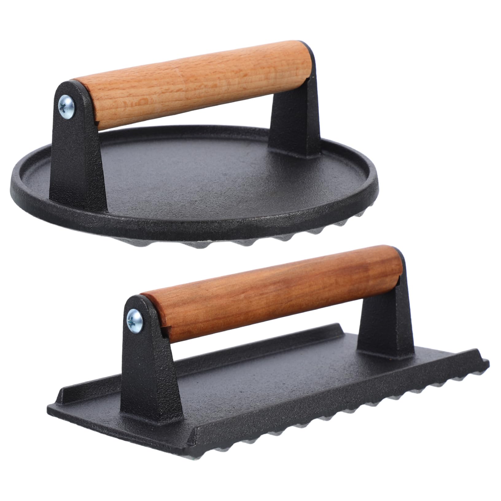 Yardwe 2pcs Cast Iron Grill Press Handheld Burger Press for Bacon Sandwiches Steaks Nonstick Surface Wooden Handle for Cooking