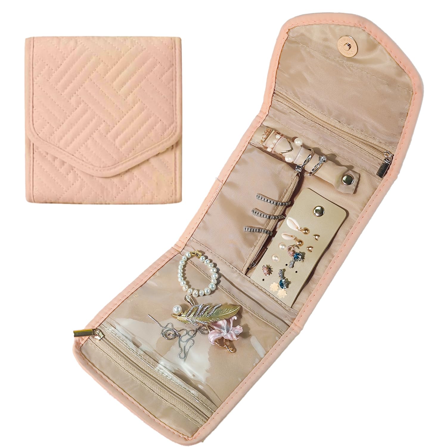 TORMEN Travel Jewelry Organizer Case, Foldable Jewelry Roll for Women, Compact & Lightweight Storage for Rings, Necklaces, Earrings Bracelets, ?Soft Pink?