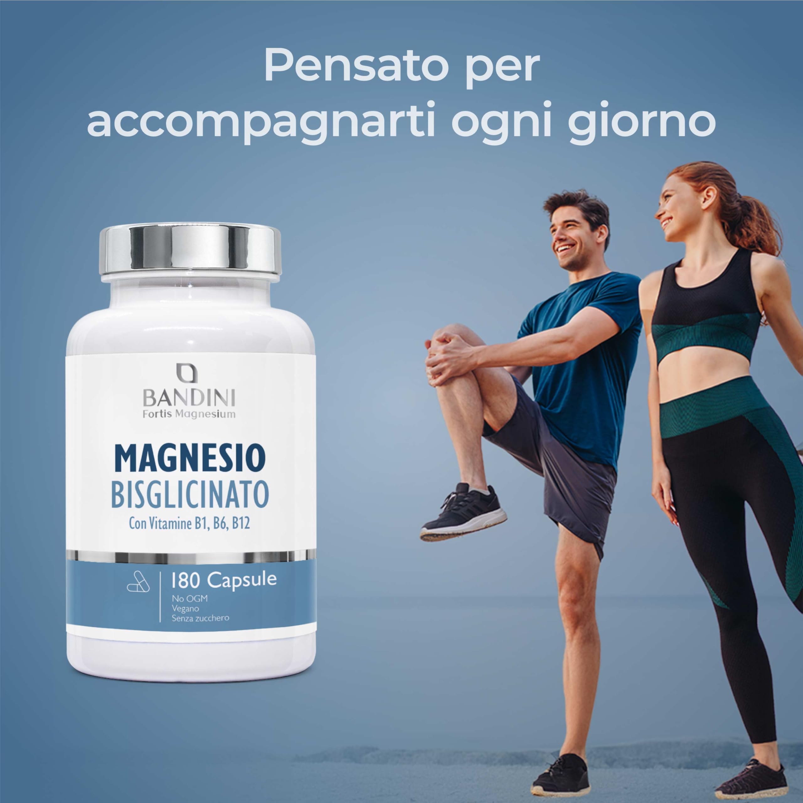 Bandini® Magnesio Bisglicinato 180 Capsule (2 mesi), 350 mg di Glicinato, Chelato per dose arricchito di Vitamina B1, B6, B12 Anti stress e fatica, Integratore per Sistema Nervoso, 100% Vegan