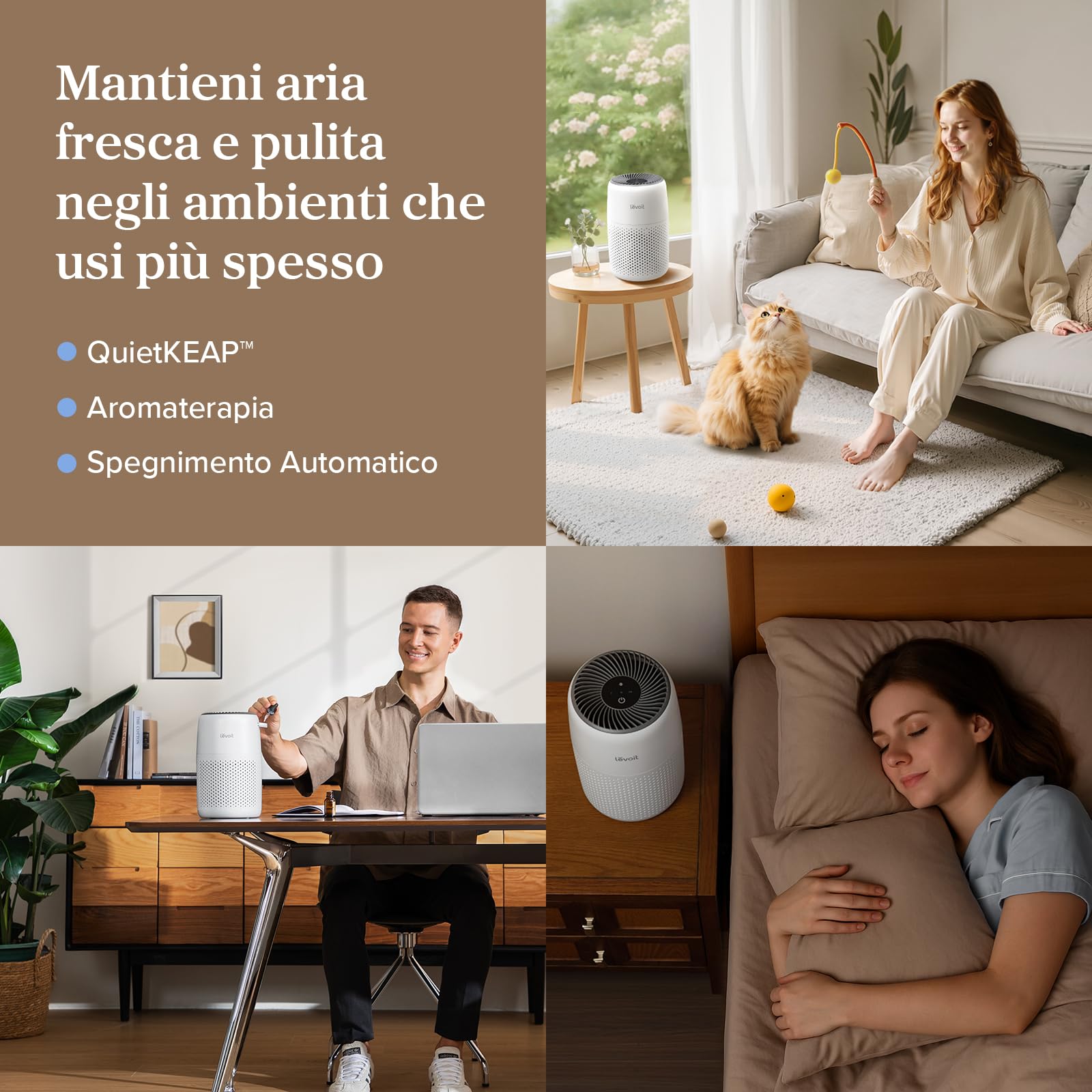 LEVOIT Purificatore d'Aria con Filtro HEPA, 7 Watt, Risparmio Energetico, 3 Velocità Contro Muffe, Polvere, Peli di Animali Fino a 0,3 μm Allergie, in Camera da Letto, 25 dB, Bianco