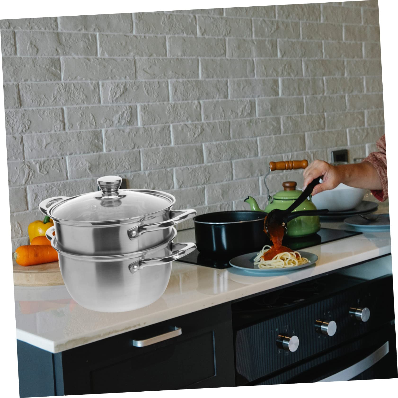 Vaporera Acero Inoxidable de 2 Niveles, Olla Vaporera para Verduras Tapa de Vidrio y Mango, Apta Cocina