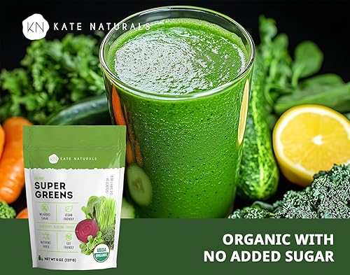 Miniatura 5 de Kate Naturals Polvo de superalimento verdes orgánicos. Mezcla diaria de superalimento verdes con probióticos y fibra para batidos y jugos (30