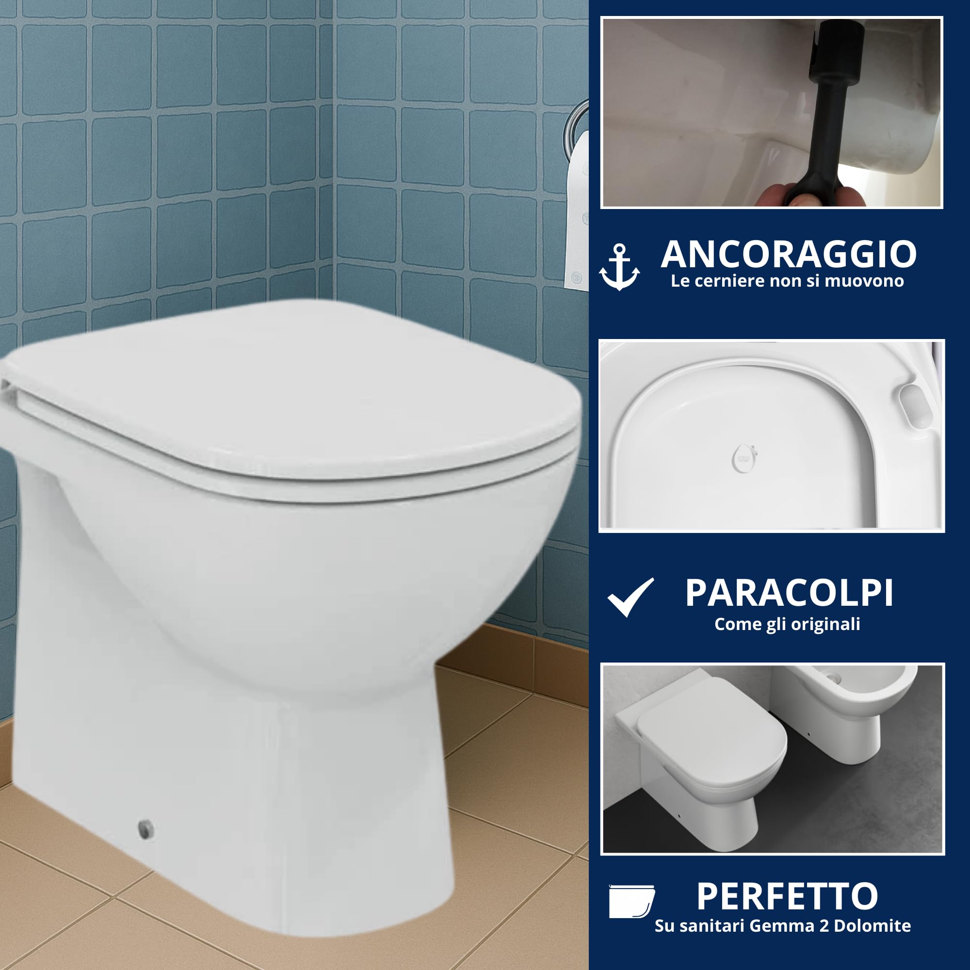 HYDRO HOME Copriwater Compatibile con Dolomite Gemma 2, Tavoletta WC Termoindurente Antibatterica,Sedile WC robusto, Cerniere Fisse in Acciaio Inox, Montaggio rapido,Imballaggio AntiUrto, Bianco