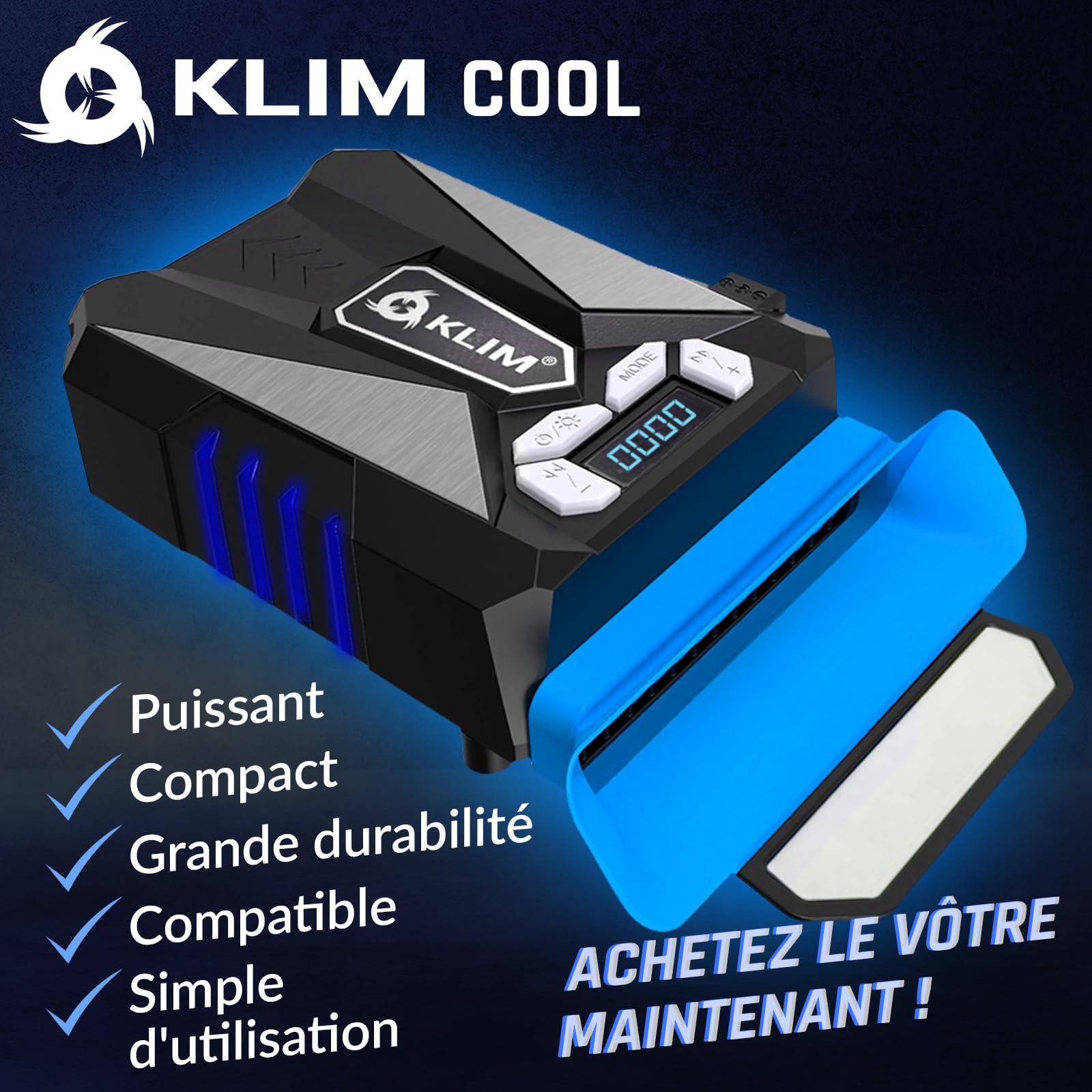 KLIM Cool Refroidisseur - Nouveauté 2024 - PC Ventilo Portable Gamer - Ventilateur Haute Performance pour Refroidissement Rapide - Extracteur d'air Chaud USB - Bleu