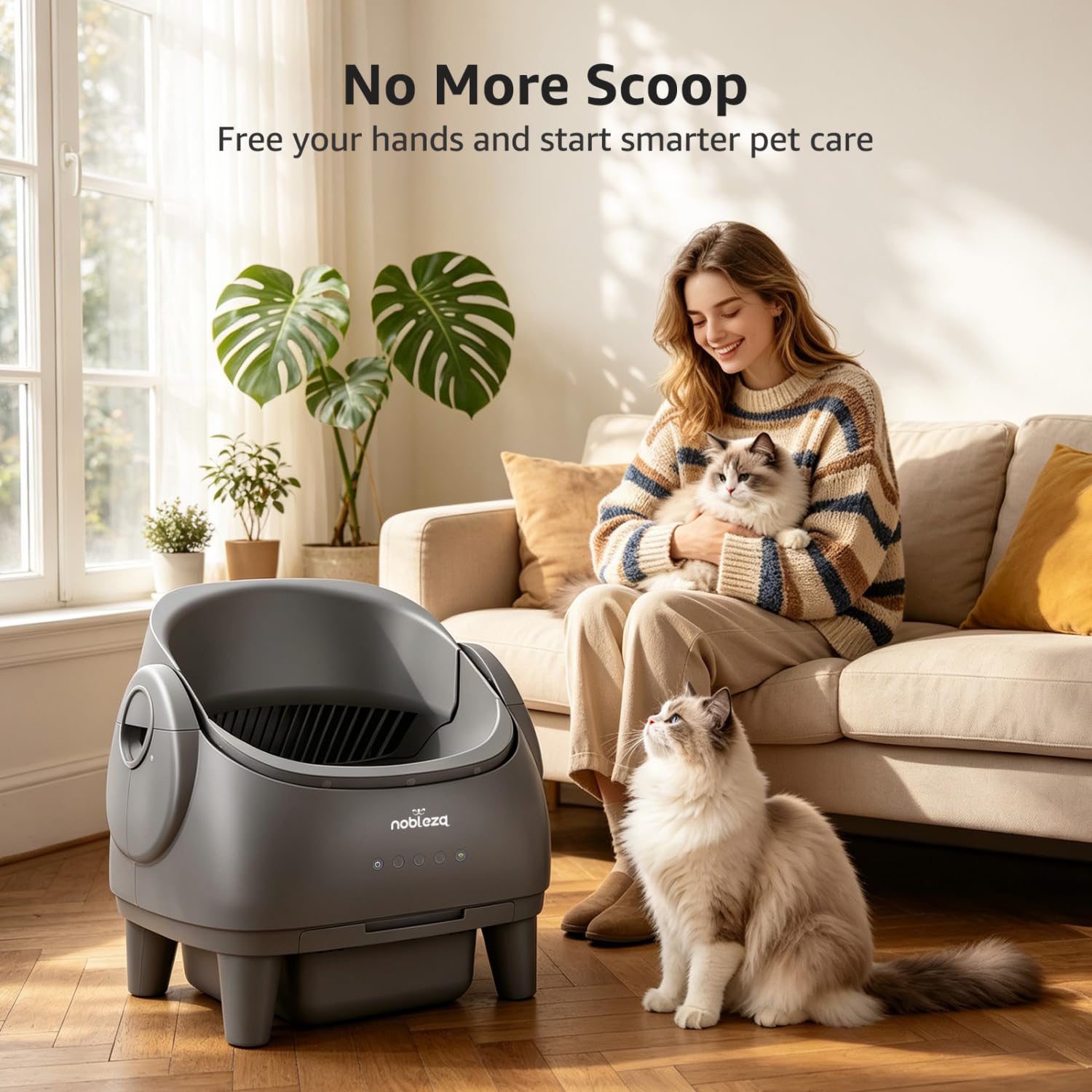 Nobleza Arenero Gatos Autolimpiable Abierto - Arenero Automático Inteligente con Control por App, Multi-Sensores de Seguridad, para Gatos 1-15kg, Incluye Bolsas y Desodorantes, Gris
