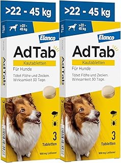 AdTab Hund 22-45 kg, Doppelpack: 6 Monate Floh- & Zeckenschutz, 6 Kautabletten gegen Zecken & Flöhe, mit Rindfleischgeschmack, einfach zu geben und schnell wirksam