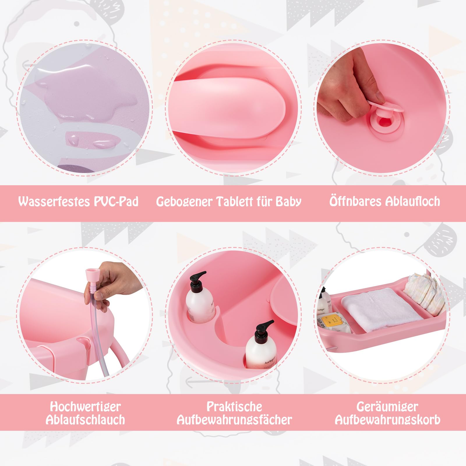 GOPLUS Baby Badewanne faltbar, Klappbarer Baby-Windeltisch mit Ablagefach, Baby Tablett mit Rollen aus PP, PVC-Windeleinlagen, Räder mit Bremsen, Badetisch für 0-12 Monaten (Rosa)